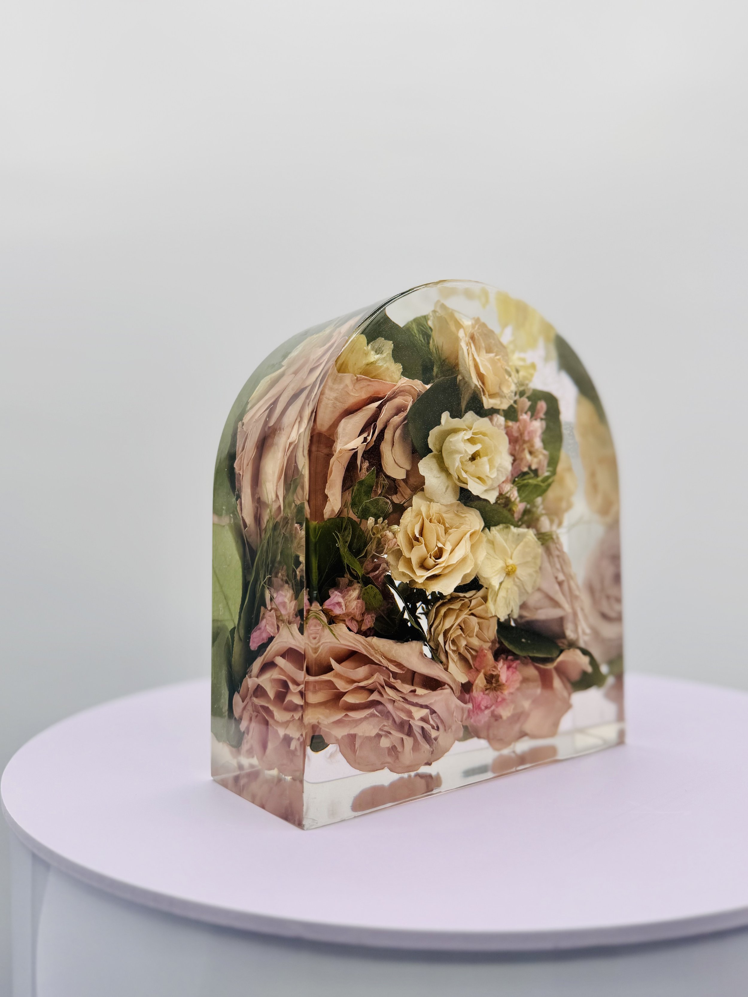 Wedding bouquet preserved in custom floral resin arch – Omaha floral preservation artist