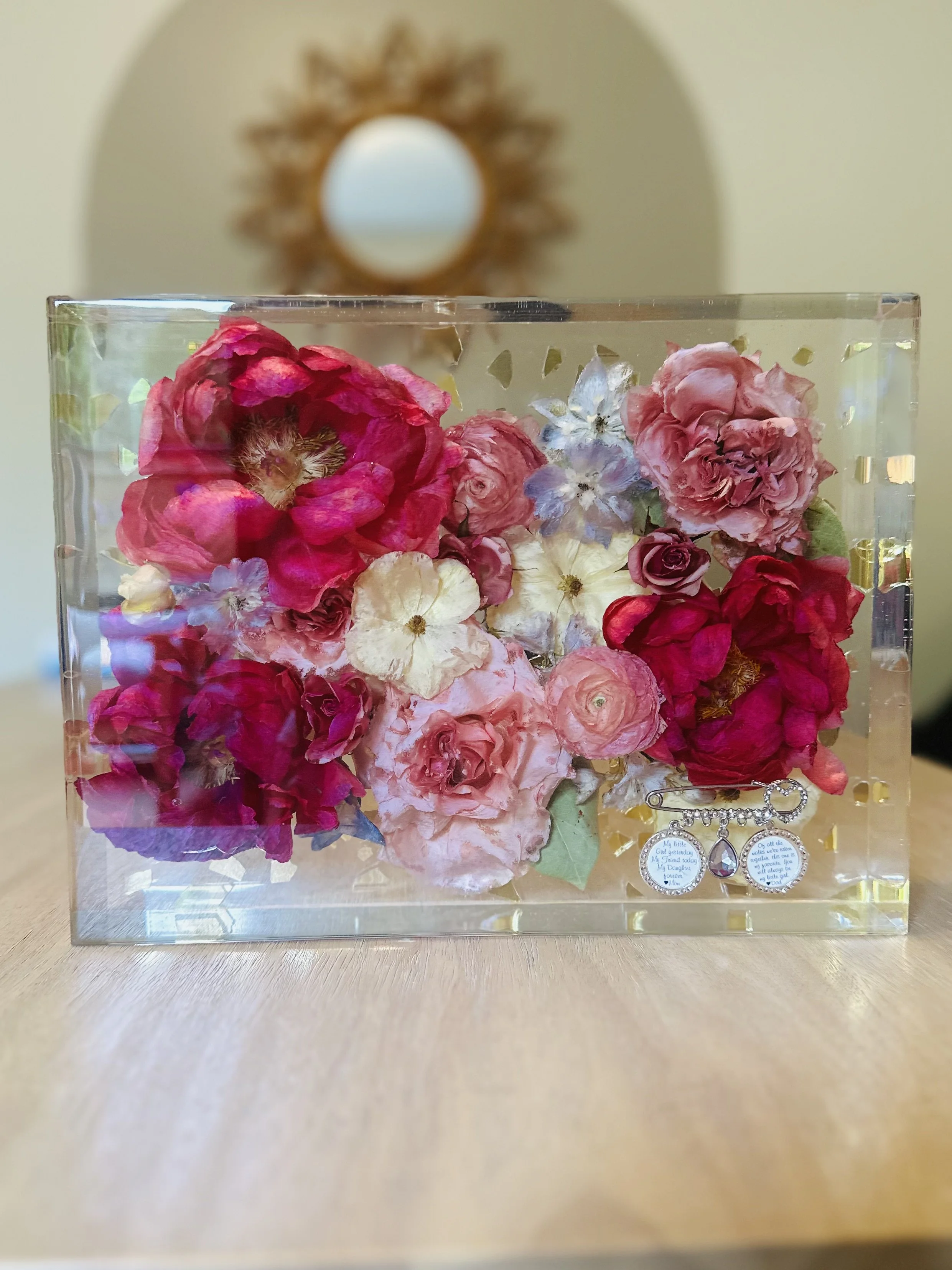Wedding bouquet preserved in custom floral resin block – Omaha floral preservation artist