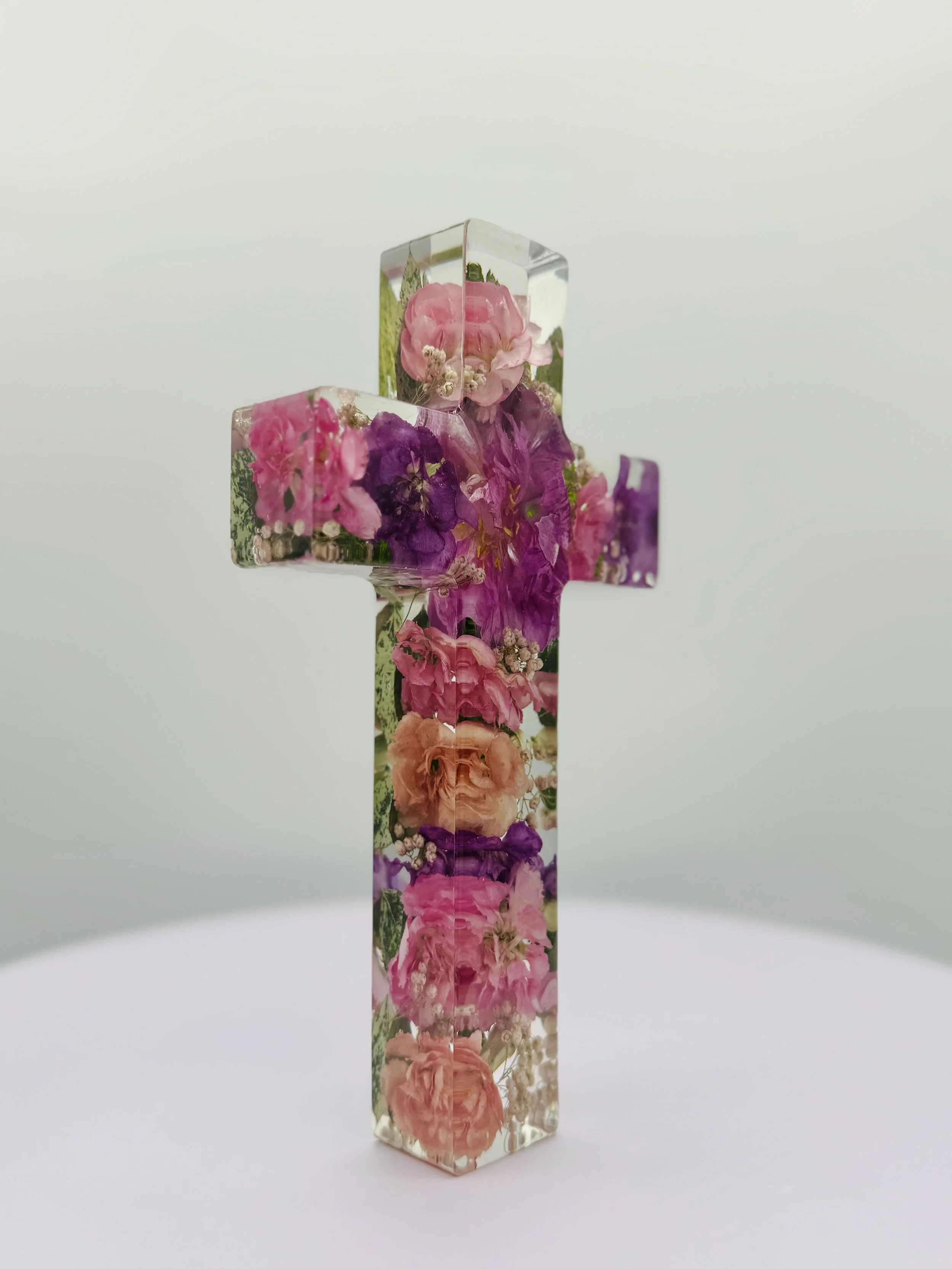 Wedding bouquet preserved in custom floral resin cross – Omaha floral preservation artist
