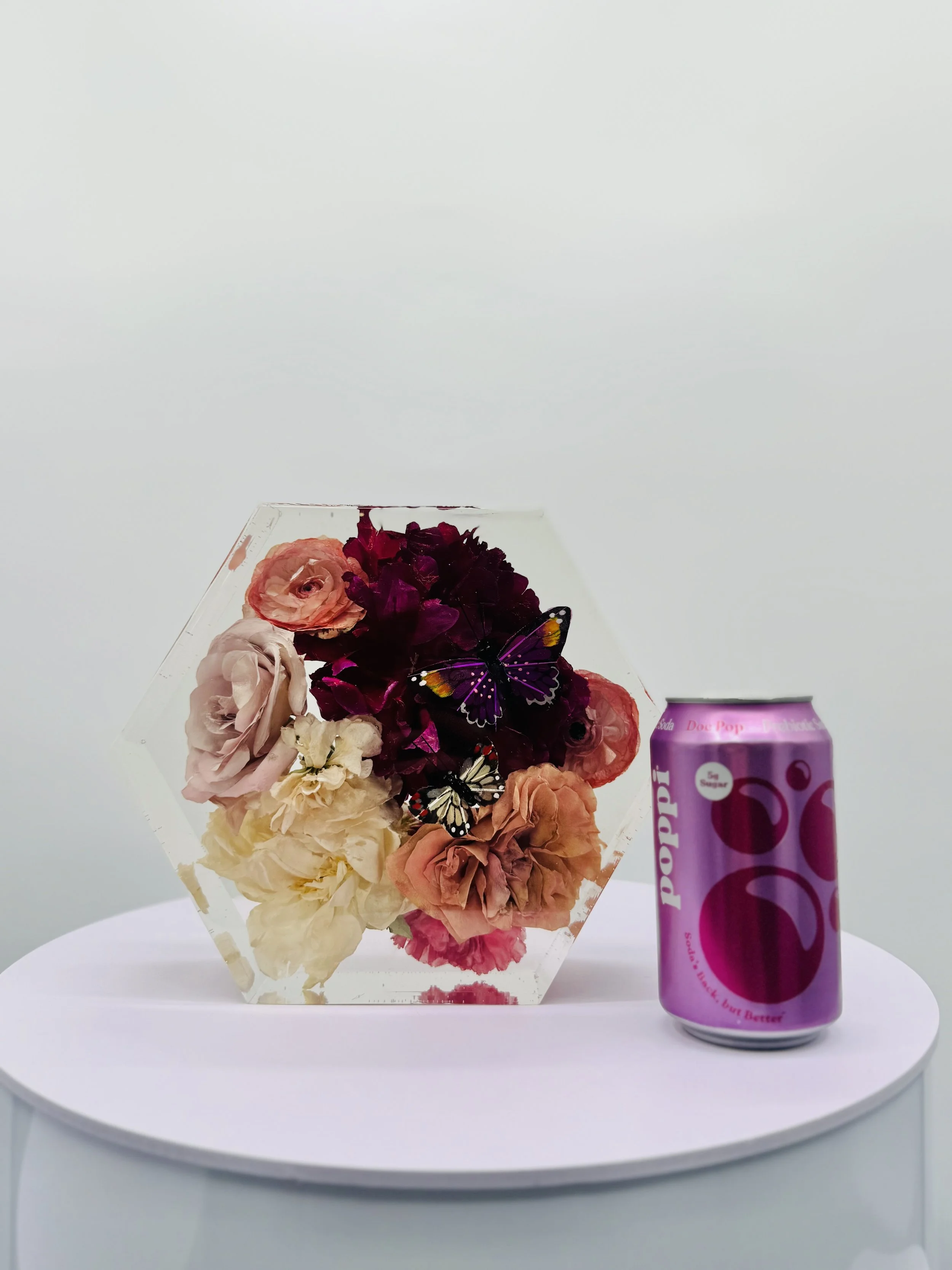 Custom floral hexagons for wedding bouquet and memorial flower preservation, handcrafted in Omaha, Nebraska