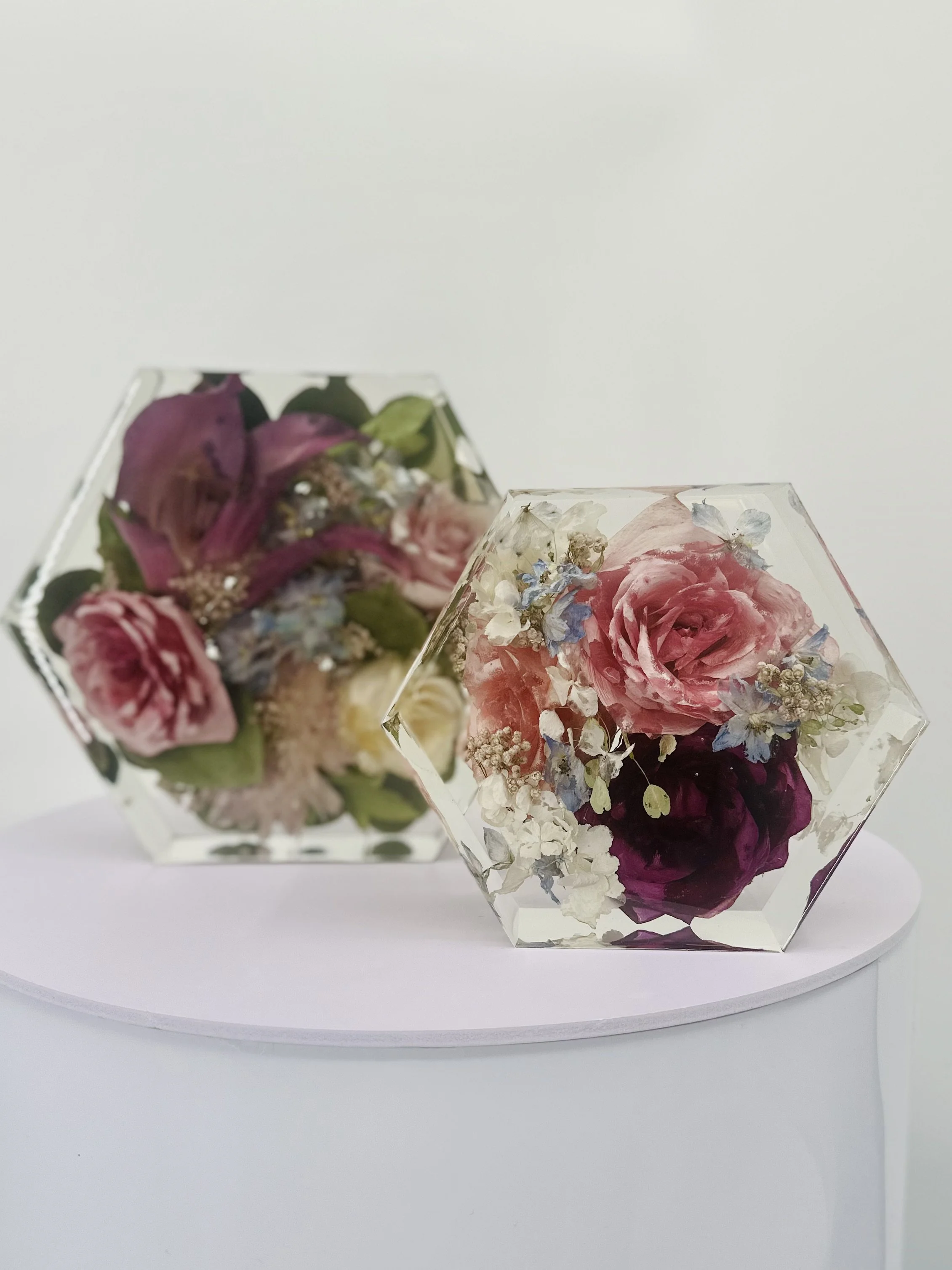 Custom floral hexagons for wedding bouquet and memorial flower preservation, handcrafted in Omaha, Nebraska