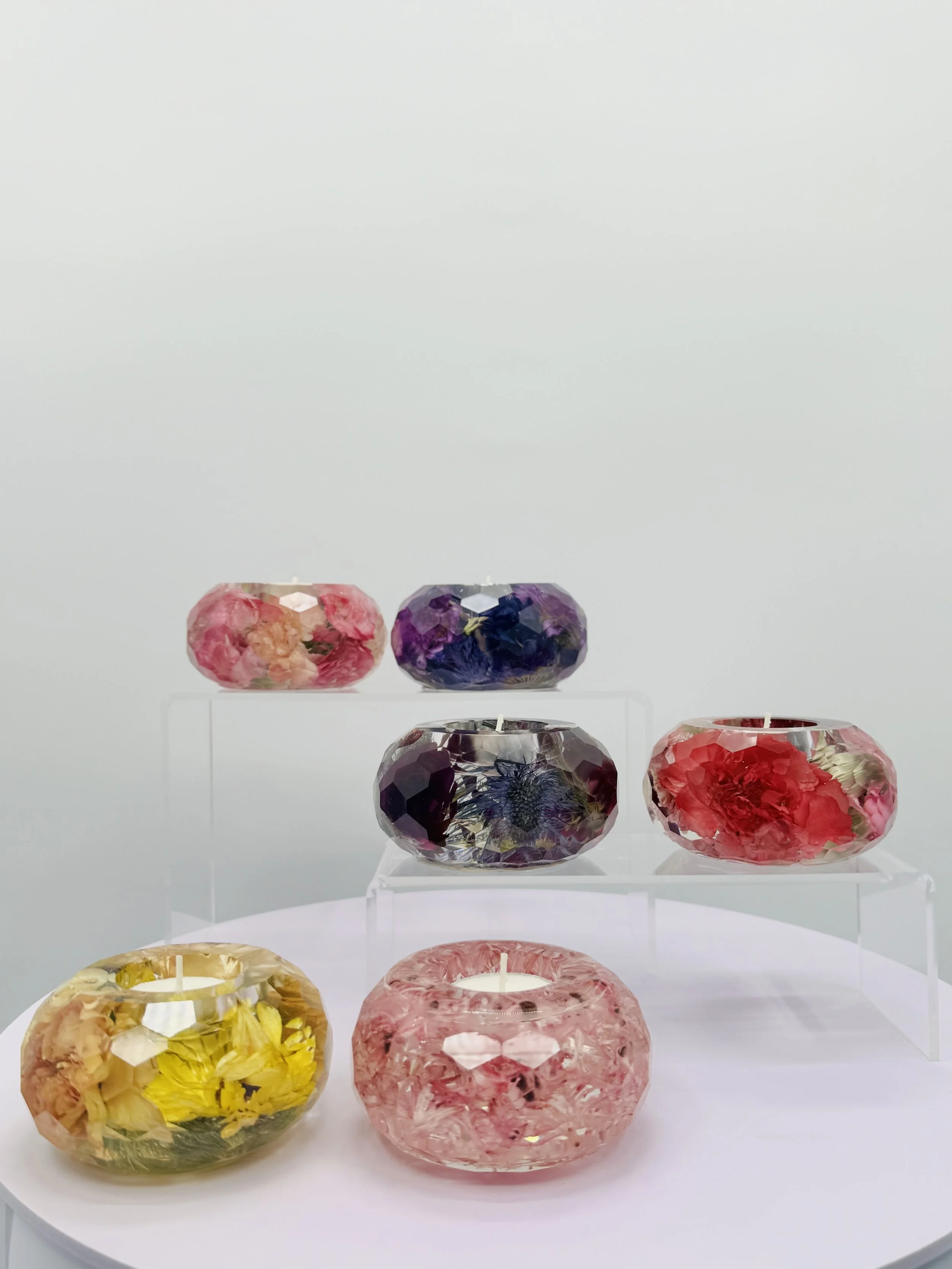 wedding bouquet preserved in faceted resin tea light holder
