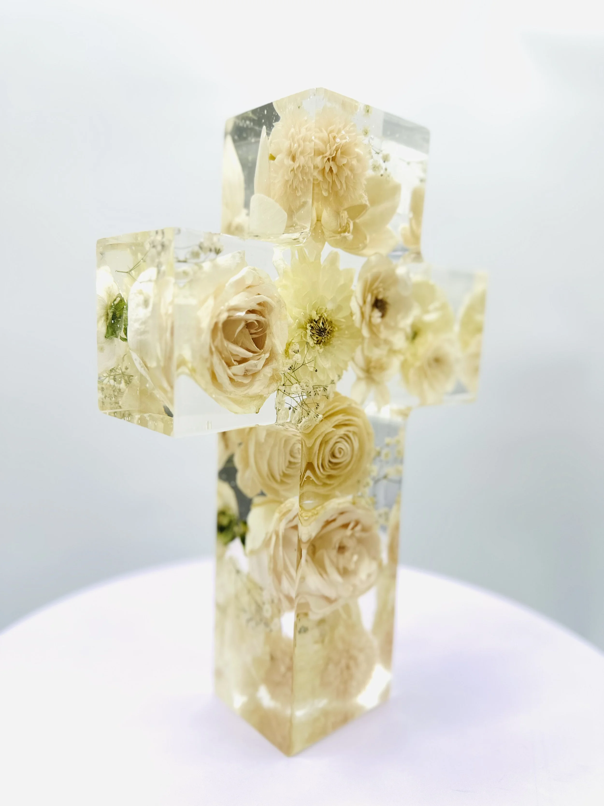 Wedding bouquet preserved in custom floral resin cross – Omaha floral preservation artist
