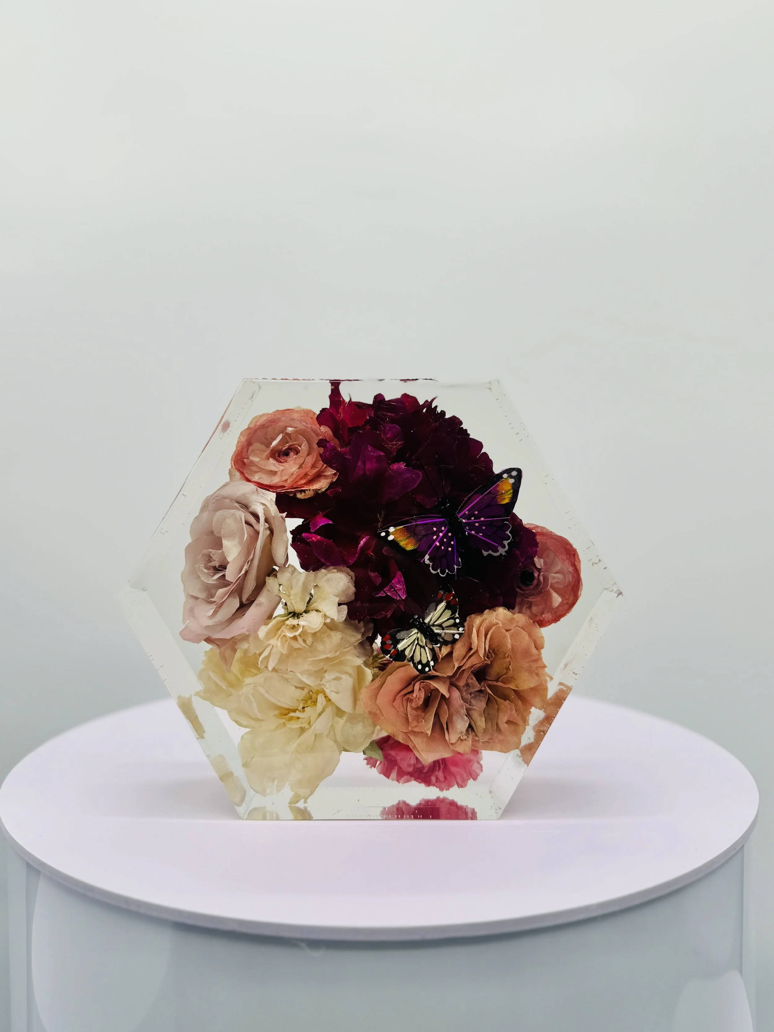 Custom floral hexagons for wedding bouquet and memorial flower preservation, handcrafted in Omaha, Nebraska