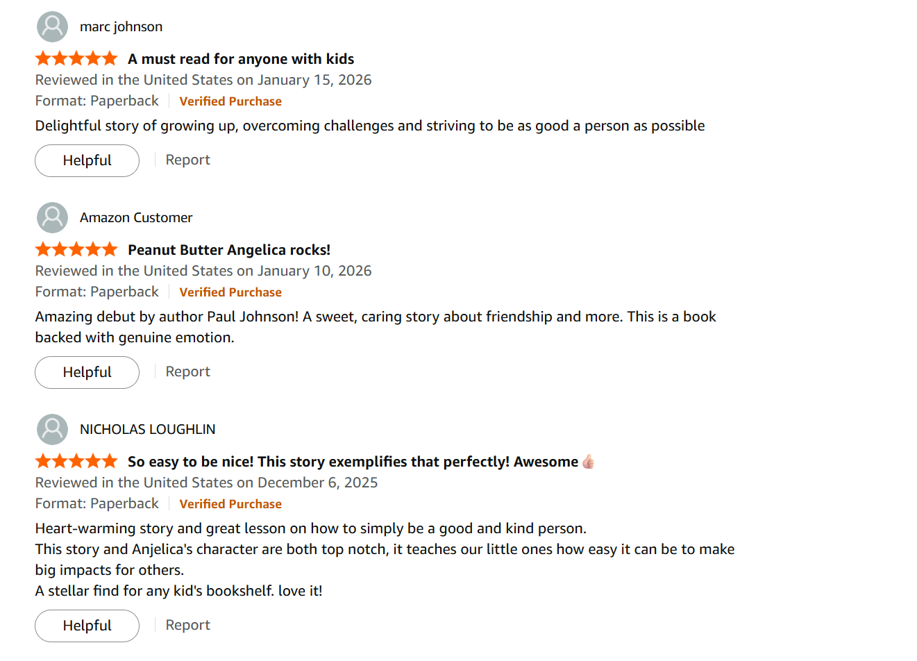 Screenshot of three Amazon customer reviews for children's books, with star ratings and review summaries.