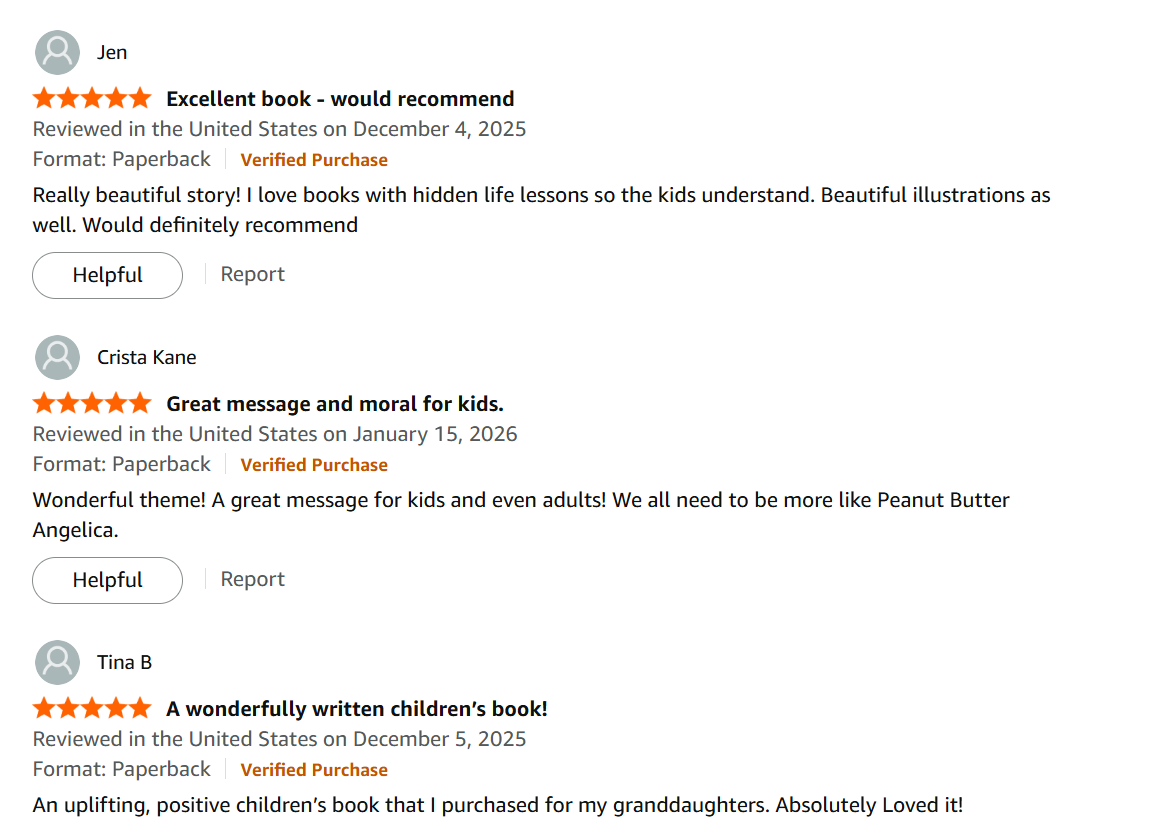 Screenshot of three customer reviews for children's books on an online shopping site, each with five-star ratings and positive comments.