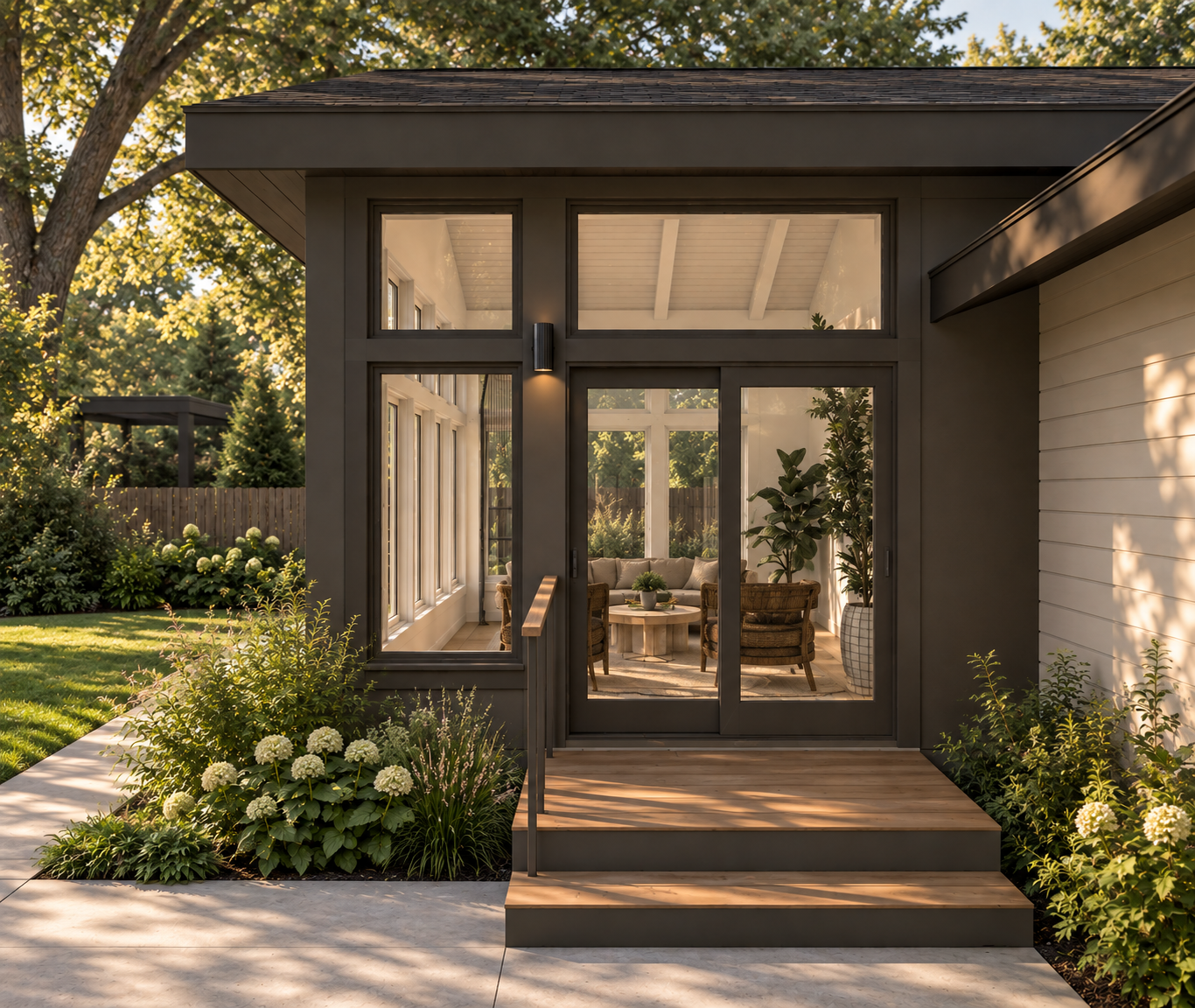 Sliding doors and wood steps connect the sunroom directly to the patio and yard - rendering