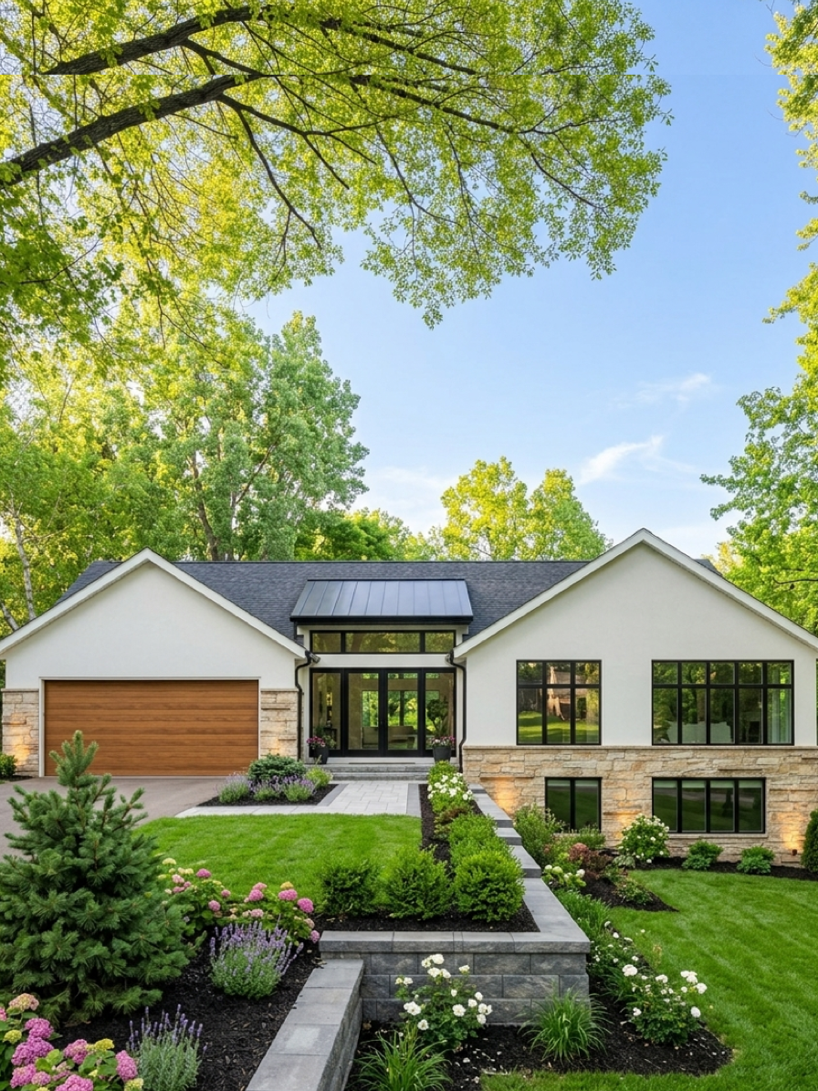 California modern inspired home exterior remodel in Shorewood, Minnesota, with clean white stucco, a natural stone base, black-framed windows, and a wood garage door, set behind a landscaped front yard. Designed by Resilience Architecture.
