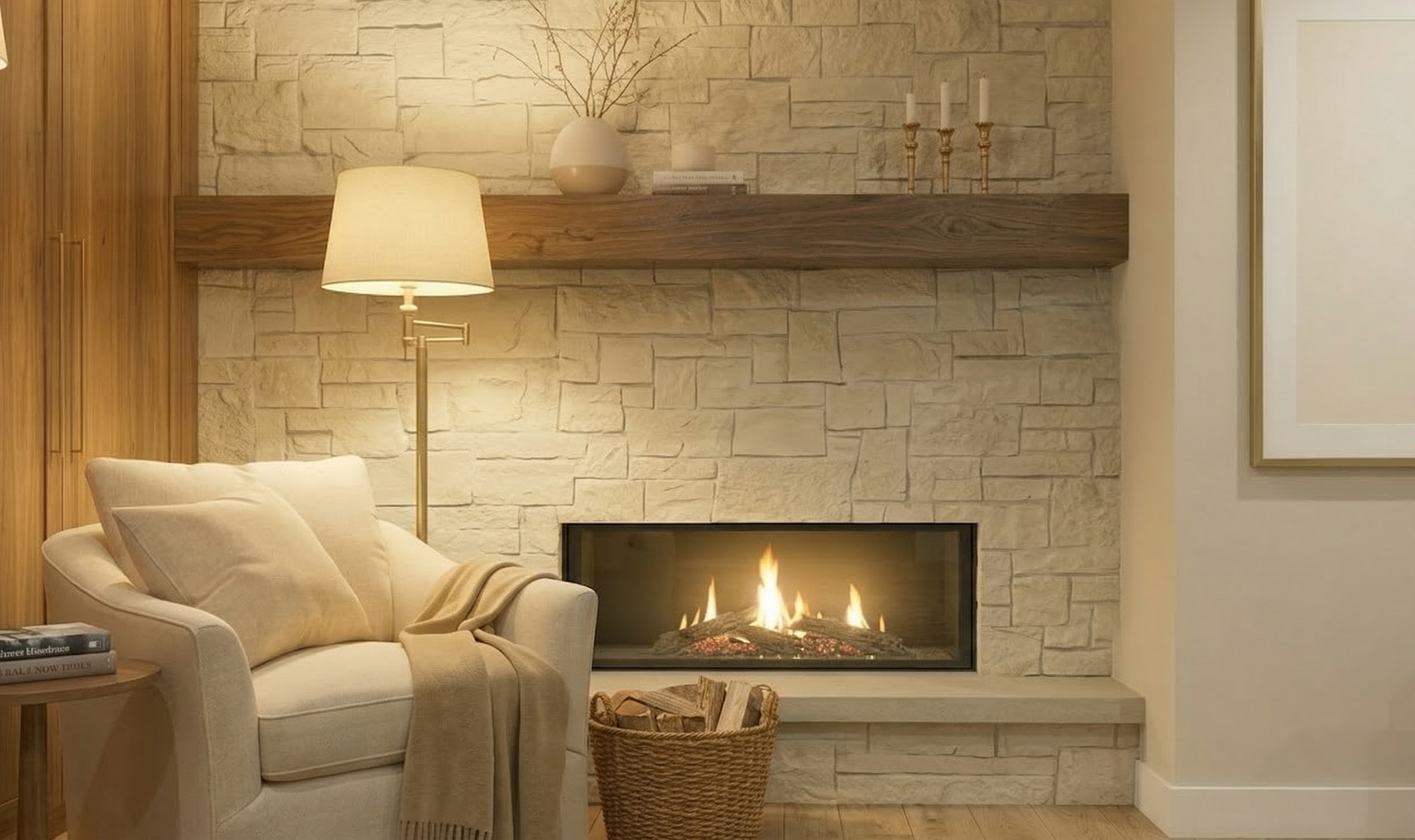 gas fireplace with stone surround to add warmth to the basement entertainment space. - rendering