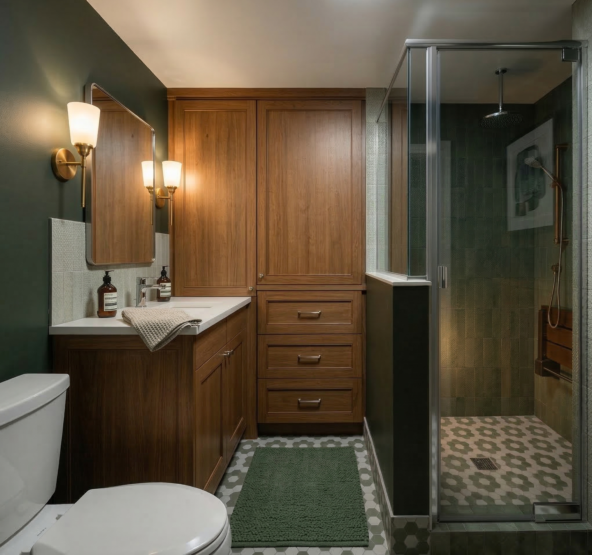 Basement bathroom remodel - working within existing plumbing rough-in layouts and creating ample storage for an efficient space. - rendering