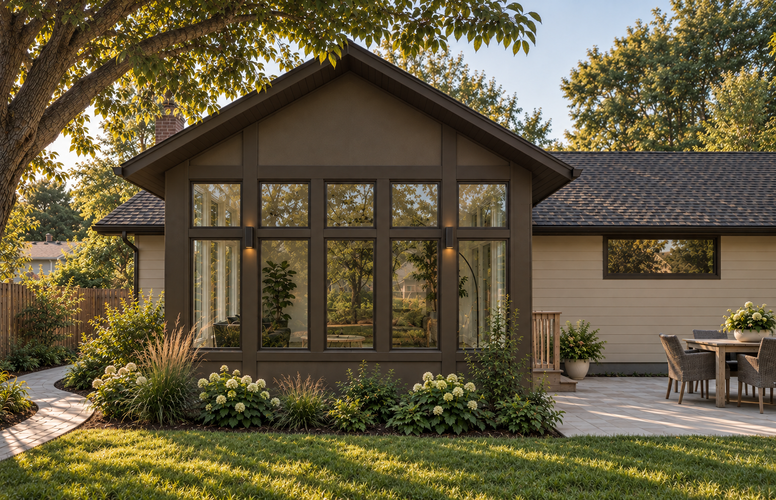 A gabled sunroom addition opens the back of a Bloomington home to the yard year round - rendering