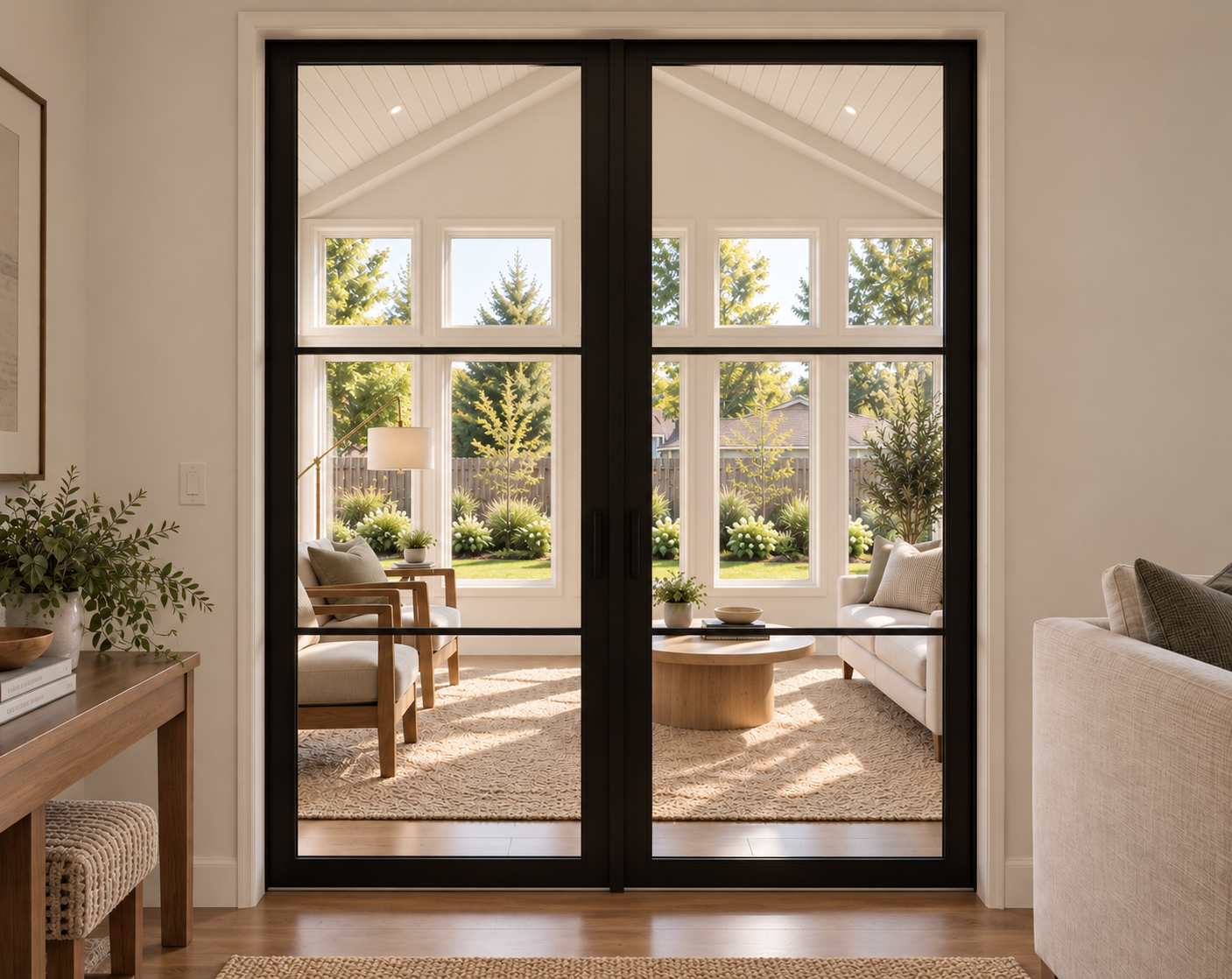 The threshold between old and new: glass doors open the living room to the sunroom addition - rendering