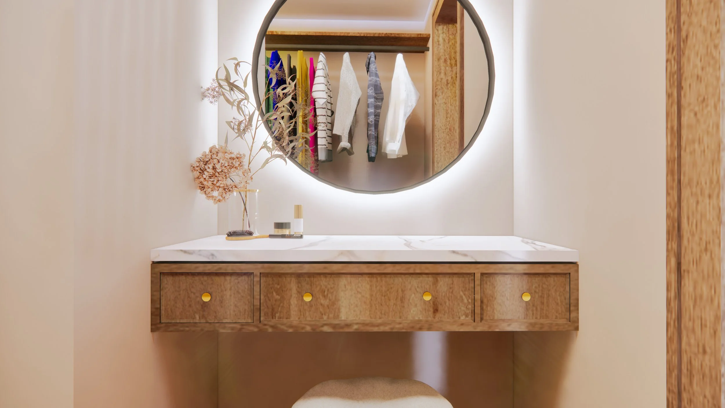 Custom vanity carved into the walk-in closet space. - rendering