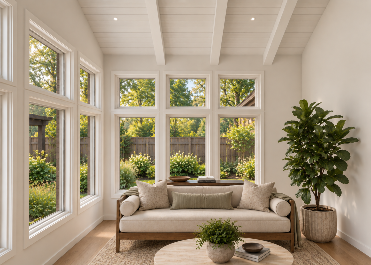 A quiet room built around light, with views to the garden from every seat - rendering