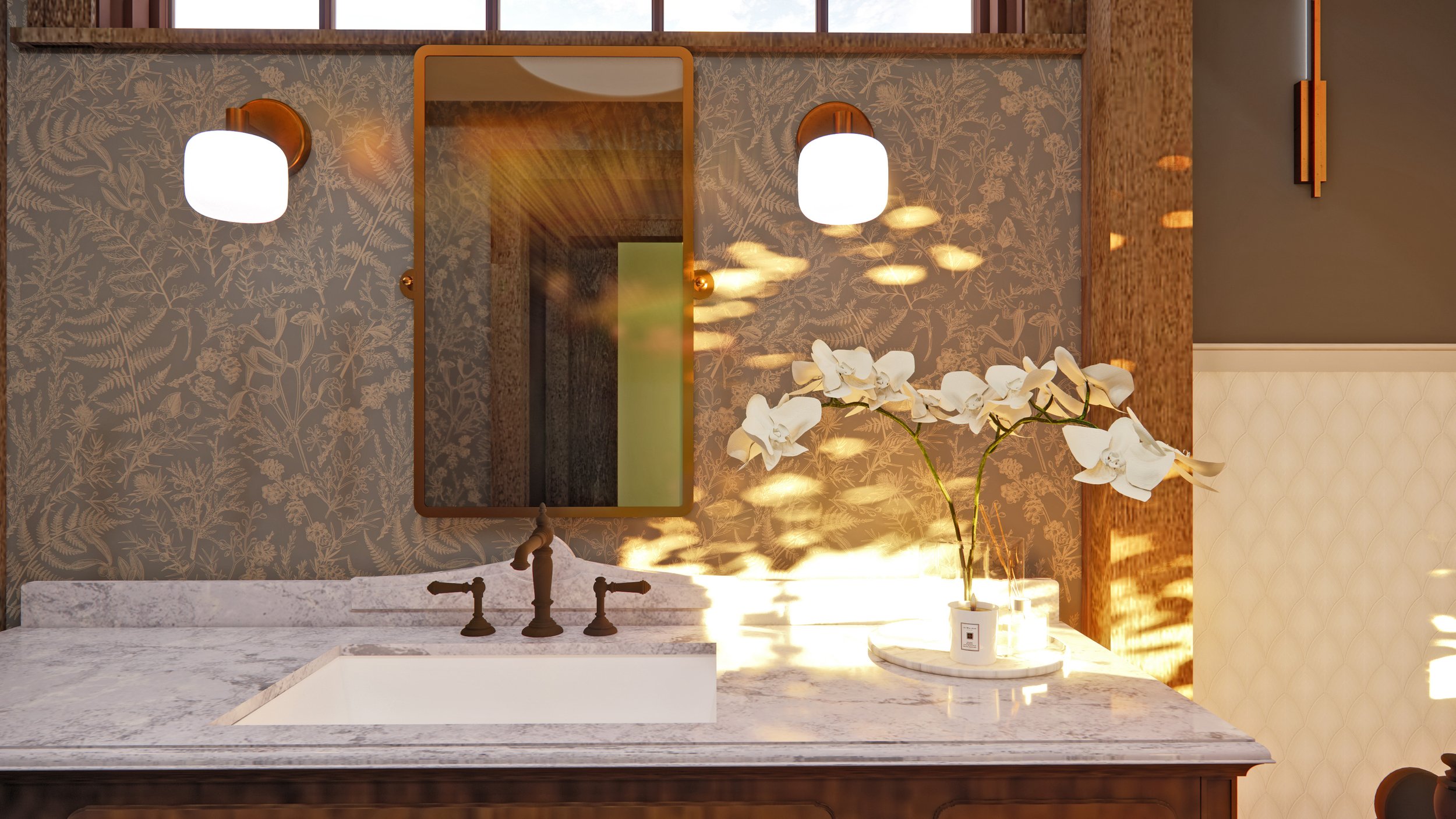 Primary bathroom vanity incorporates vintage finds and natural lighting. - rendering