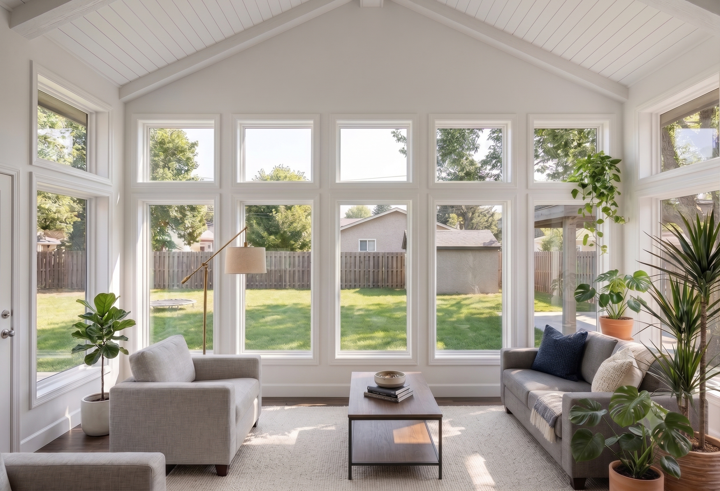 Sunroom addition with a vaulted white shiplap ceiling and a wall of windows overlooking the backyard, designed by Resilience Architecture in the Minneapolis and St. Paul metro, Bloomington Minnesota
