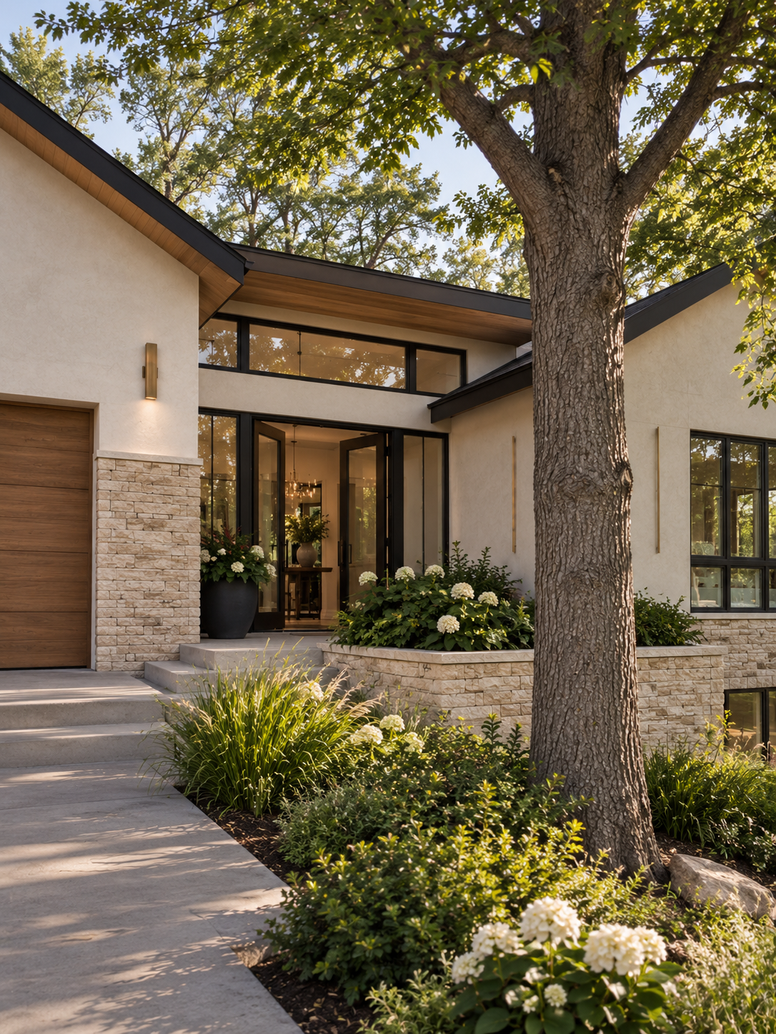 A welcoming entry addition, framed by warm stucco, stone, and dappled shade. - rendering