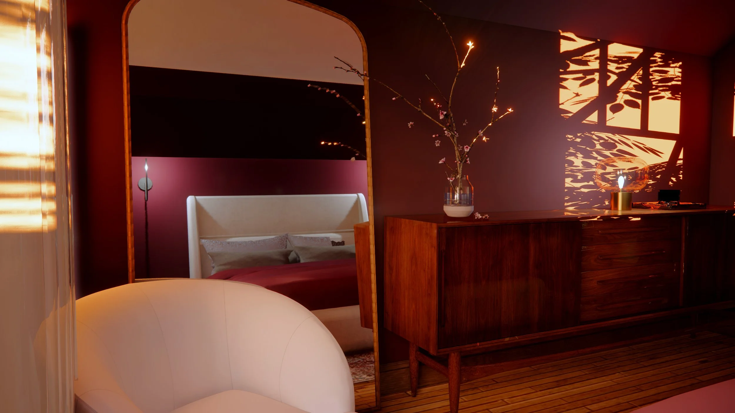 Transforming an unconventional layout within an attic space into a warm and private primary suite. - rendering