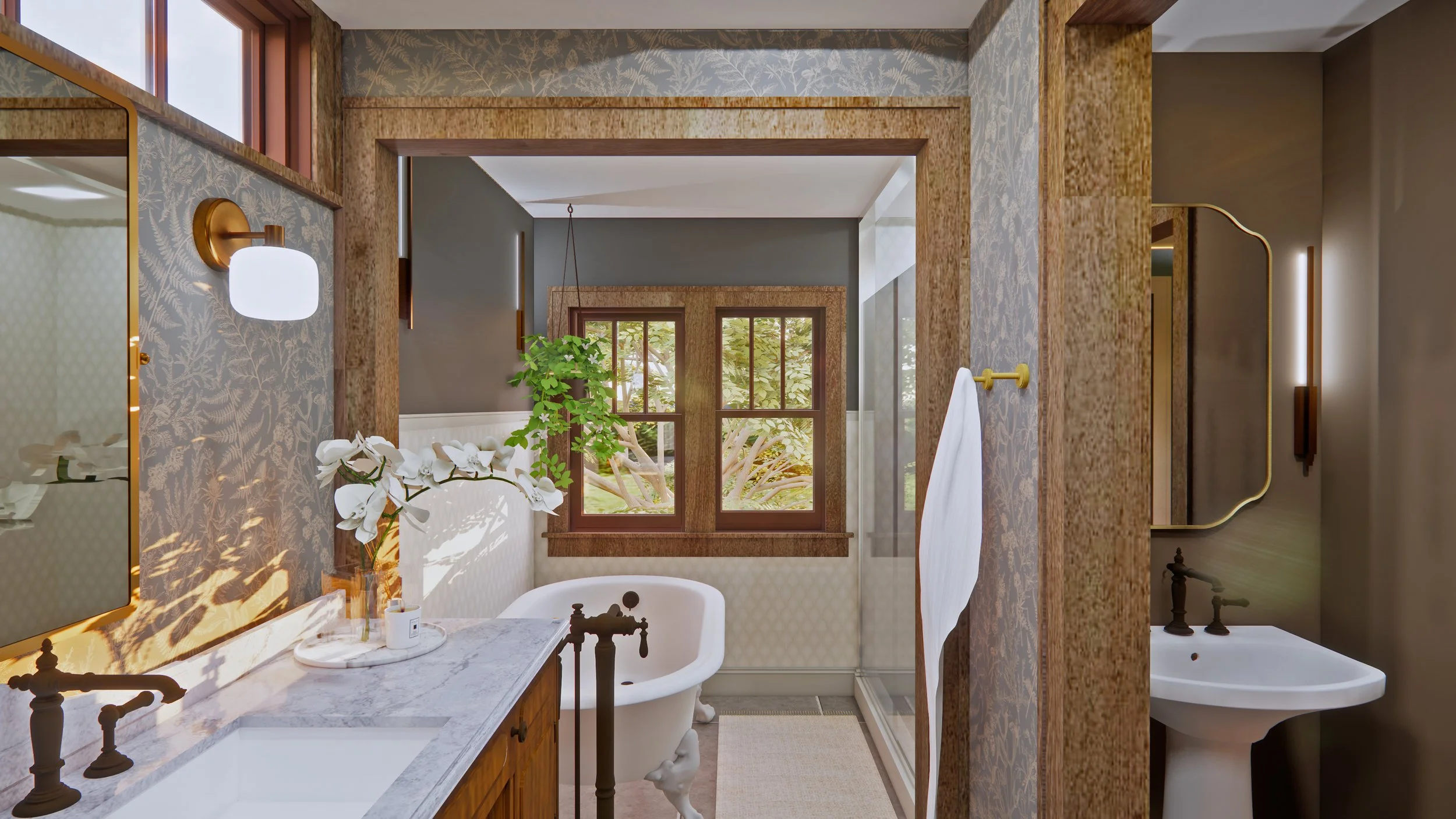 Converted attic space transformed into a primary bathroom suite with vanity, shower, soaking tub and private water closet; utilizing  all the space possible in this Craftsman era south Minneapolis home. - rendering
