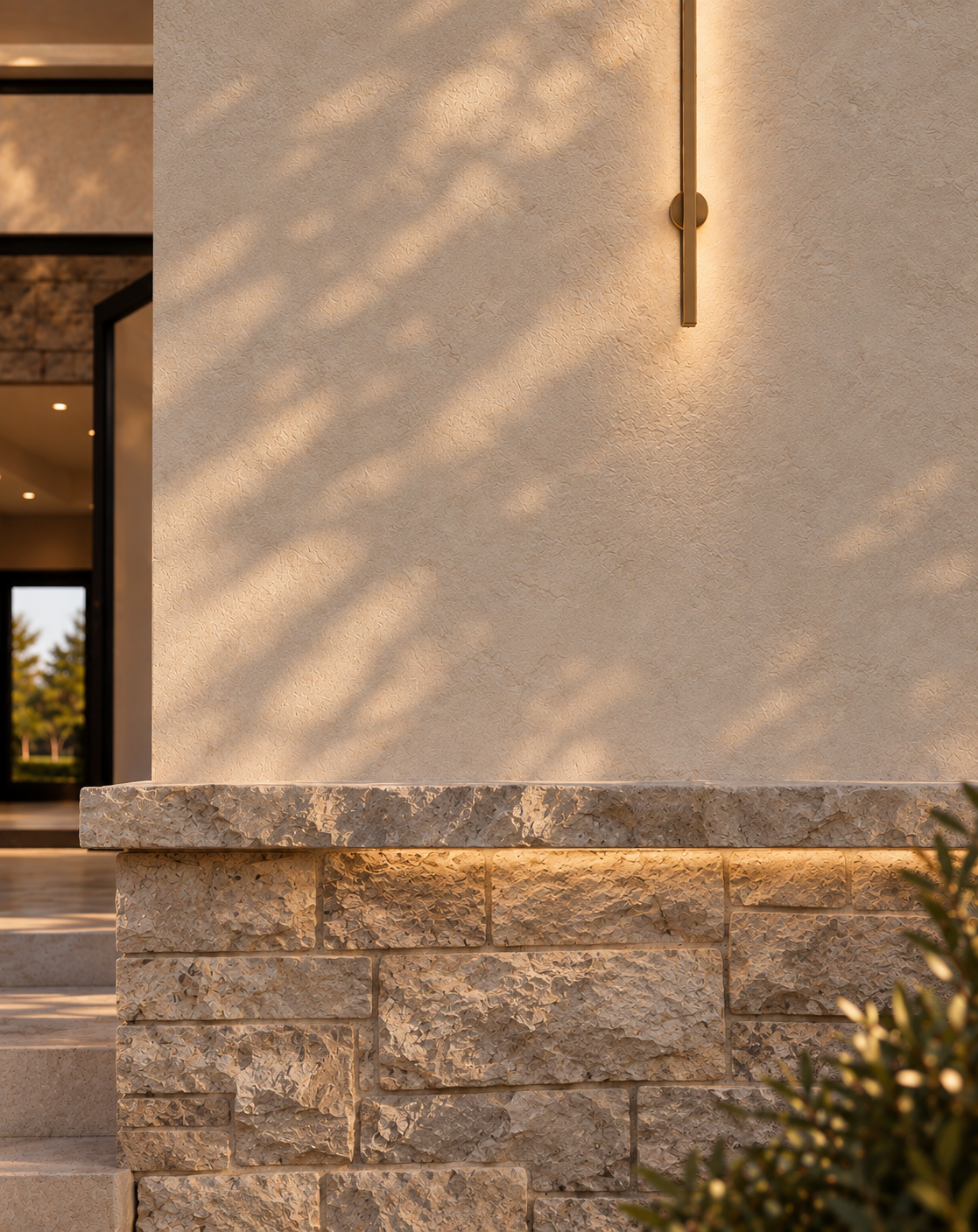 A limestone sill caps the stone base, with hidden lighting tracing the transition to stucco. - rendering