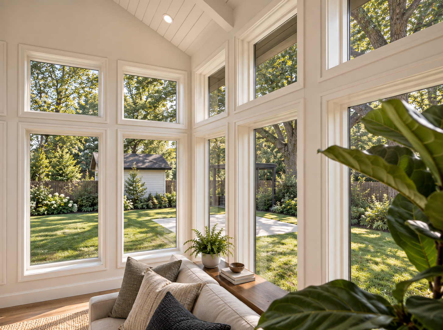 Windows wrap the corner, turning the whole backyard into the view - rendering