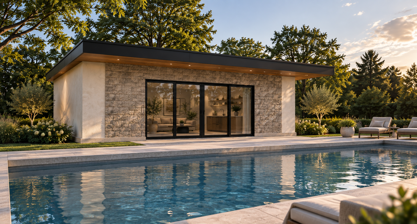 Pool house exterior finishes, designed to carry the main home's stucco and limestone to the water's edge - rendering