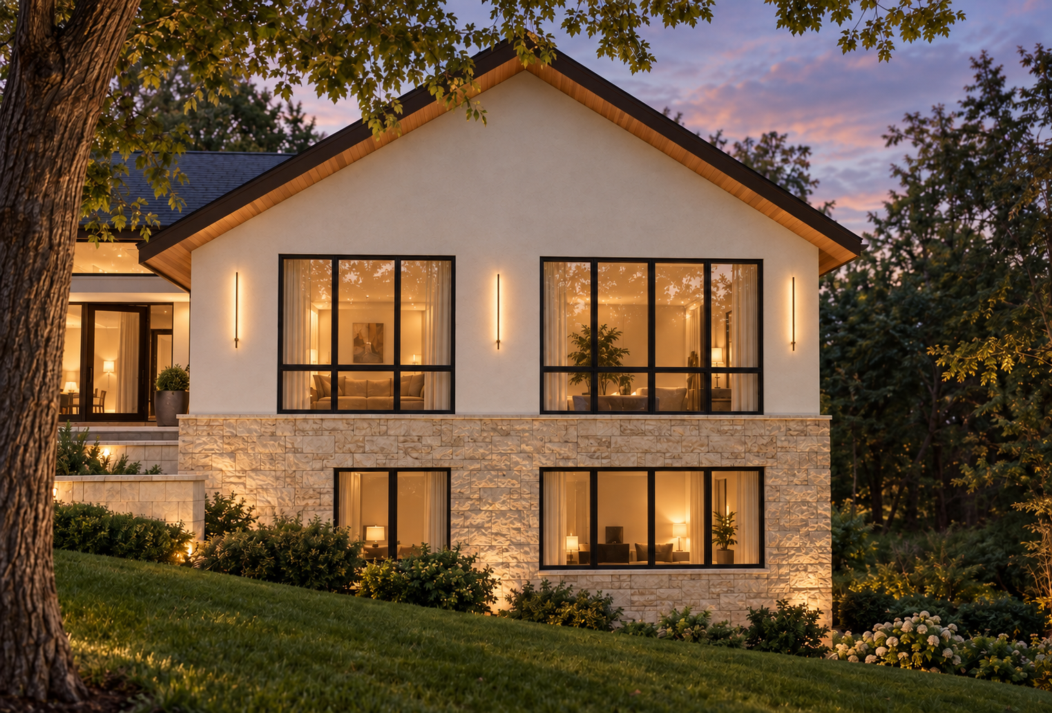 A lakeside home reimagined with warm stucco, natural stone, and bold black windows. - rendering