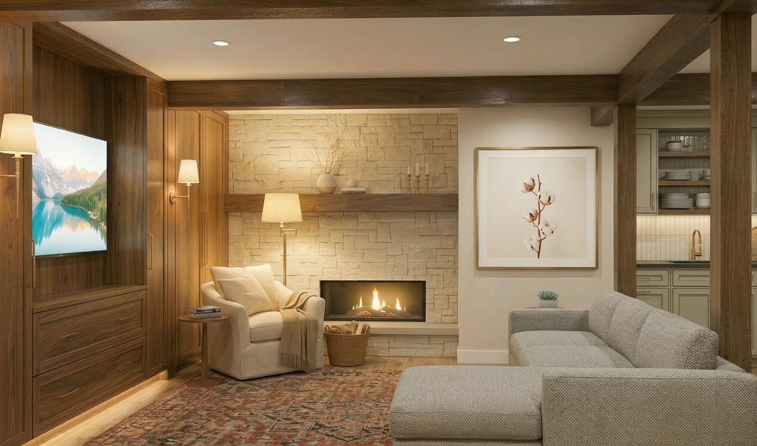 basement finish project that included integrated cabinetry, tying in existing structural, mechanical and electrical components and finding the most efficient layout serving multiple functions. - rendering