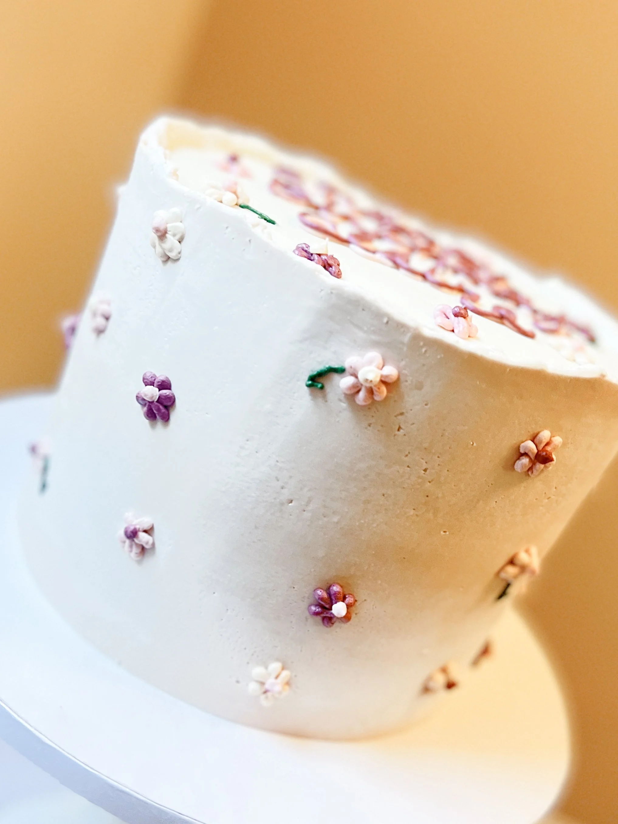 Close-up of a white frosted cake decorated with small multicolored flower sprinkles.