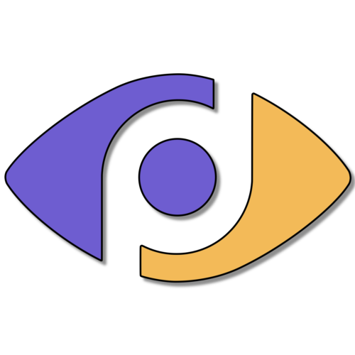 Icon of a stylized eye divided into two halves, with purple on the left and yellow on the right.