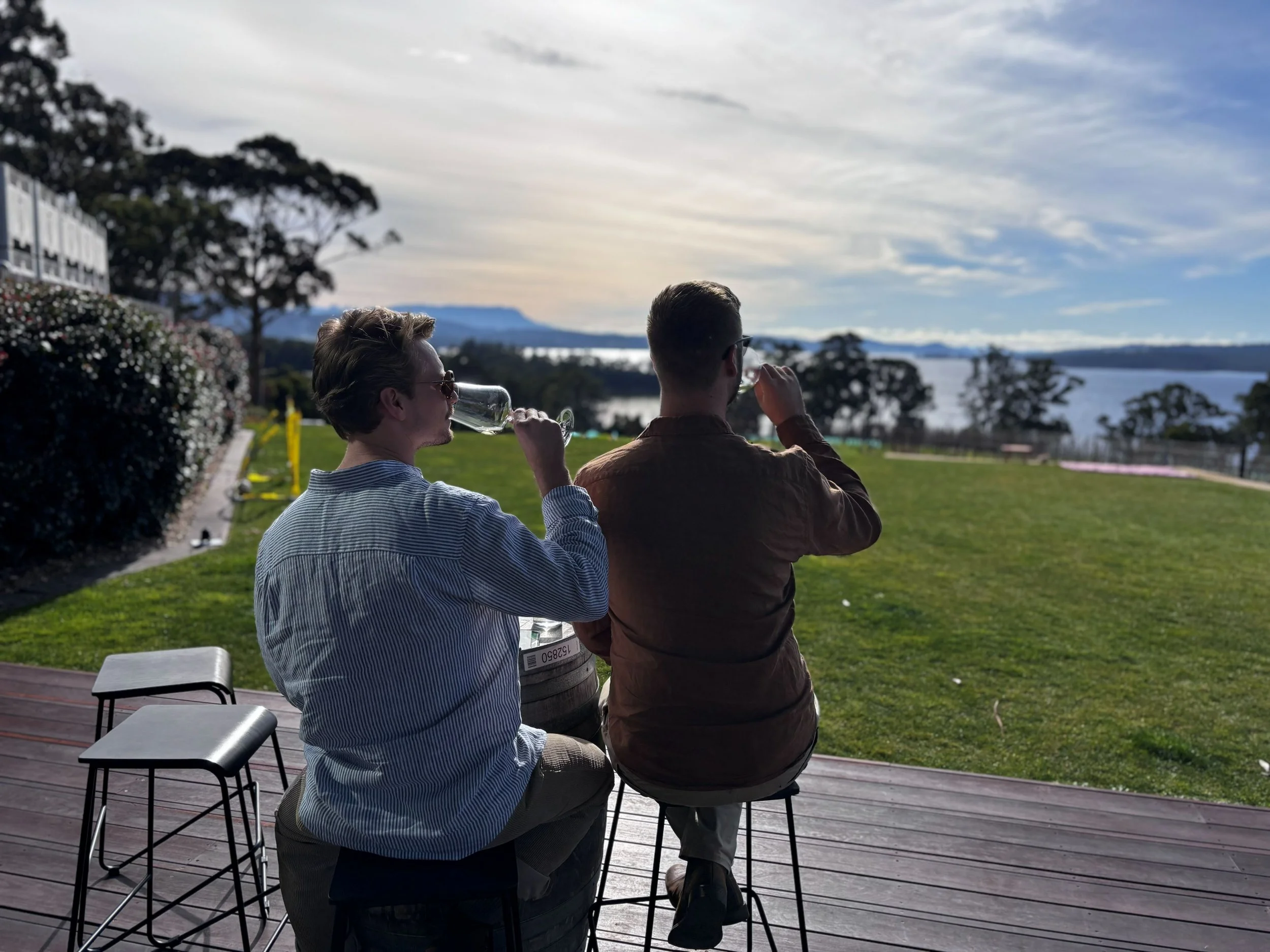 Two men drinking sitting on bar stools drinking wine whilst looking at the view.