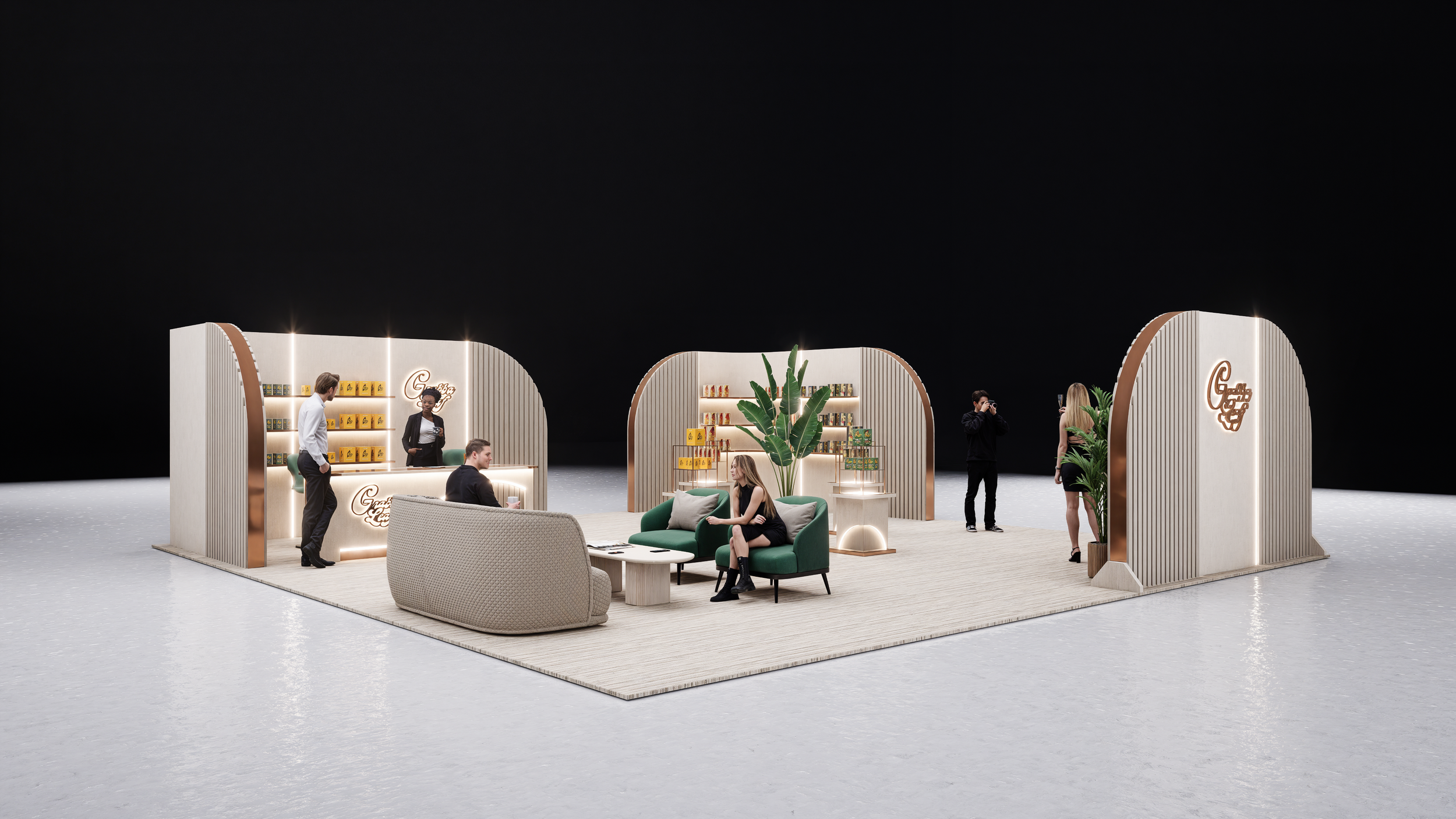 Modern exhibition booth with furniture, plants, and product displays, featuring a light-colored wooden structure and branding signage.