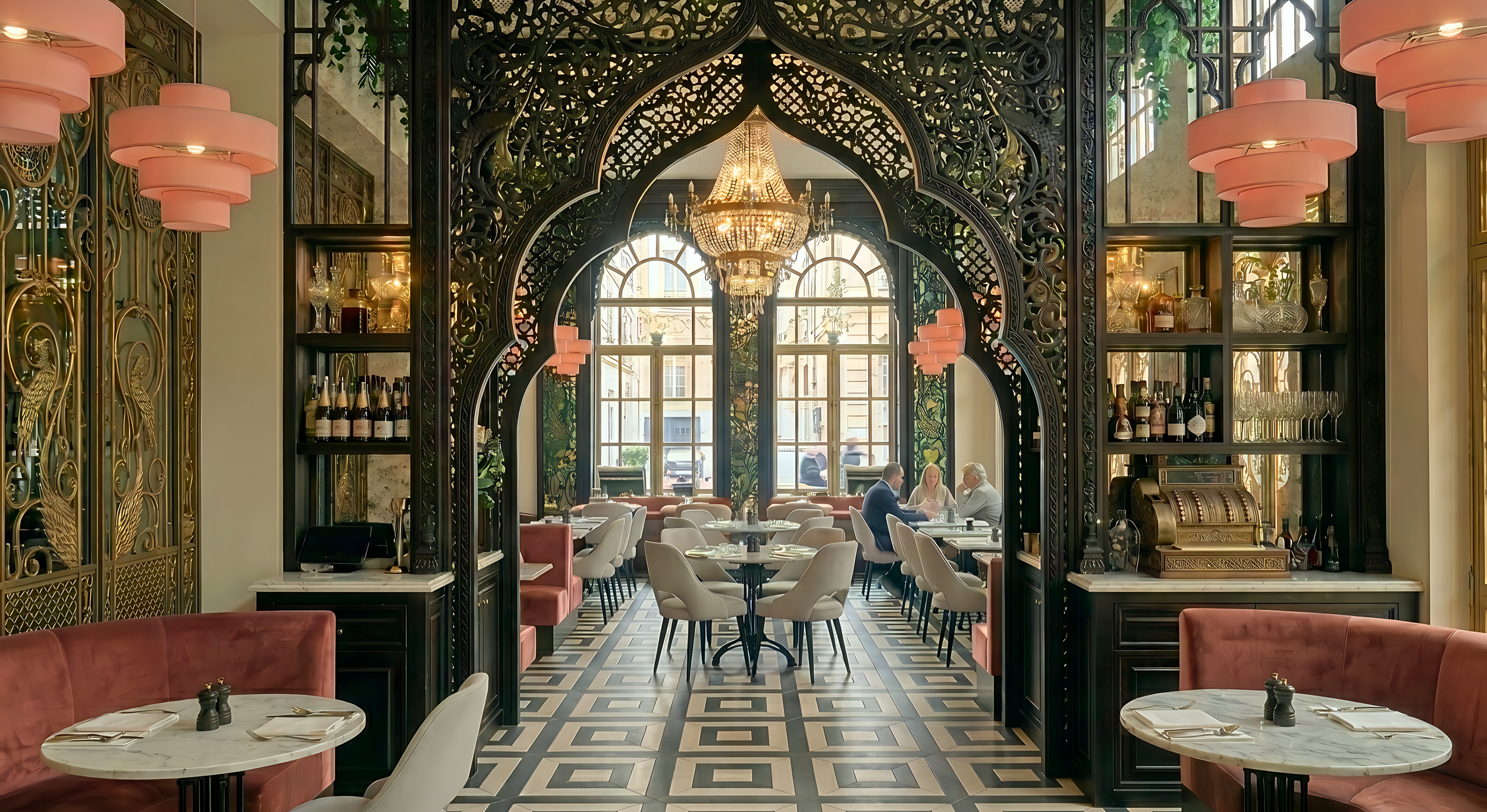 Restaurant with chandeliers and layered lighting – commercial interior design by Bash Design Miami, Miami FL