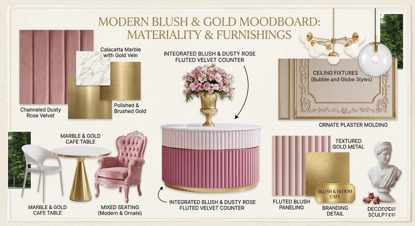 Design board for modern blush and gold interior decor, featuring fabric swatches, a floral arrangement, ceiling fixtures, a marble and gold cafe table, a mixed seating chair, a patterned velvet counter, textured paneling, branding detail, and a sculp