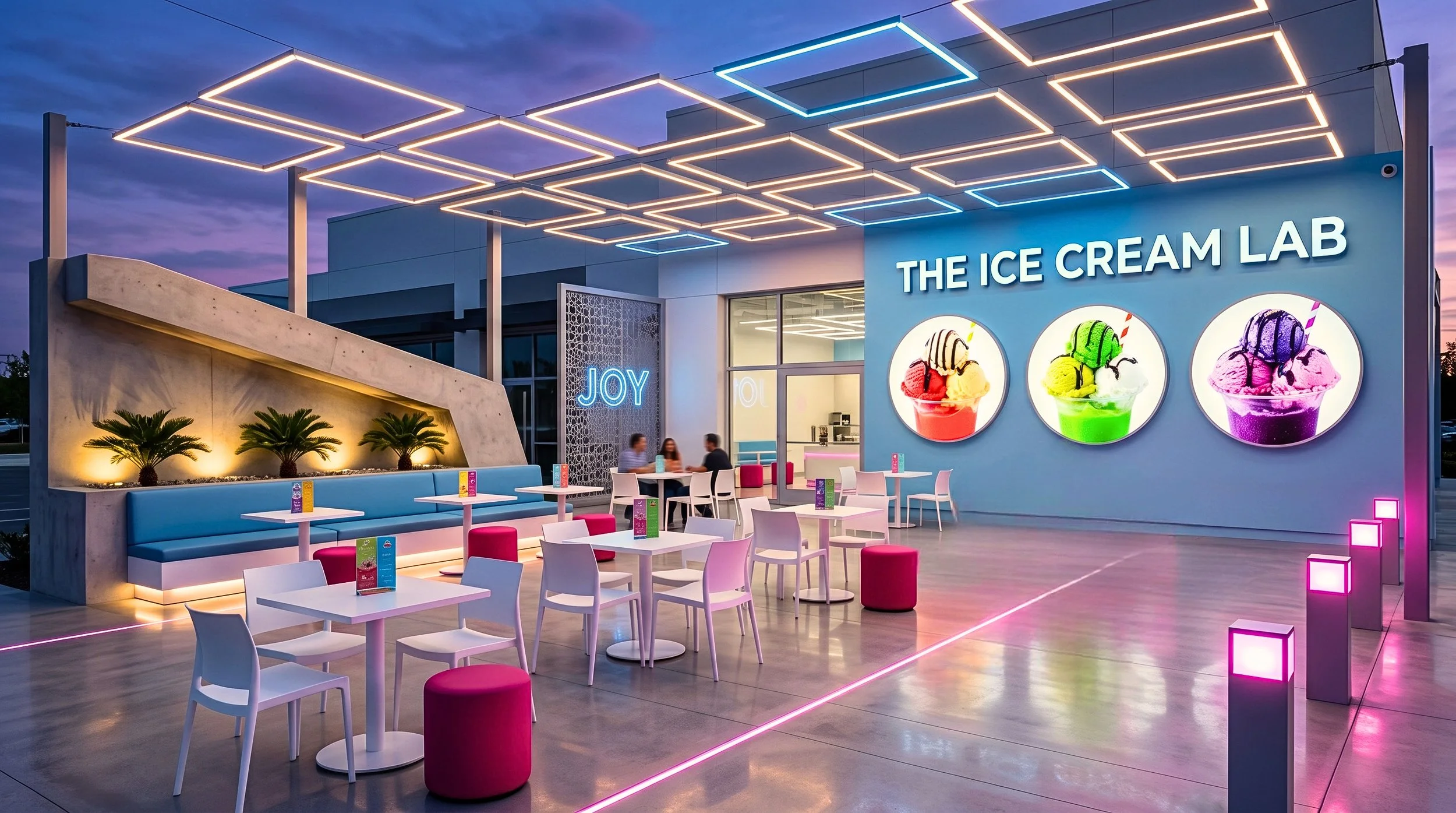 A complete brand-and-space build for a modern dessert concept — logo, identity, interior, exterior, and packaging. Designed to feel like a science lab meets candy store, where every visual touchpoint reinforces the experience.

