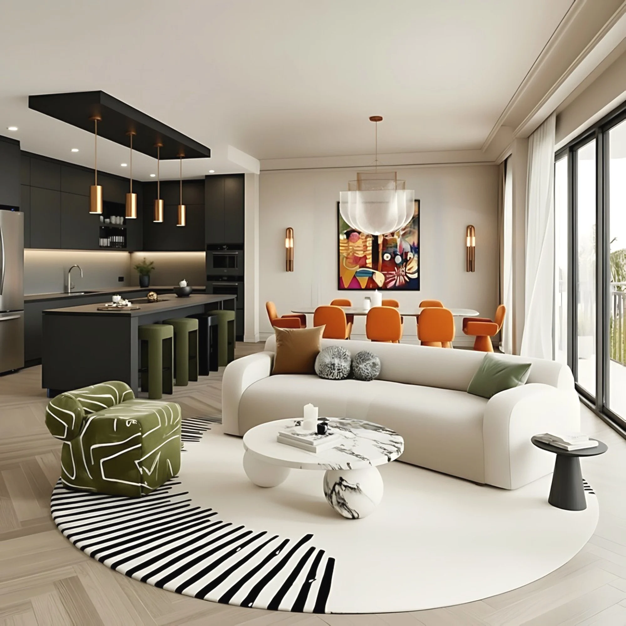 Luxury Airbnb interior design with modern furniture, layered lighting, and high-end finishes designed to increase rental ROI