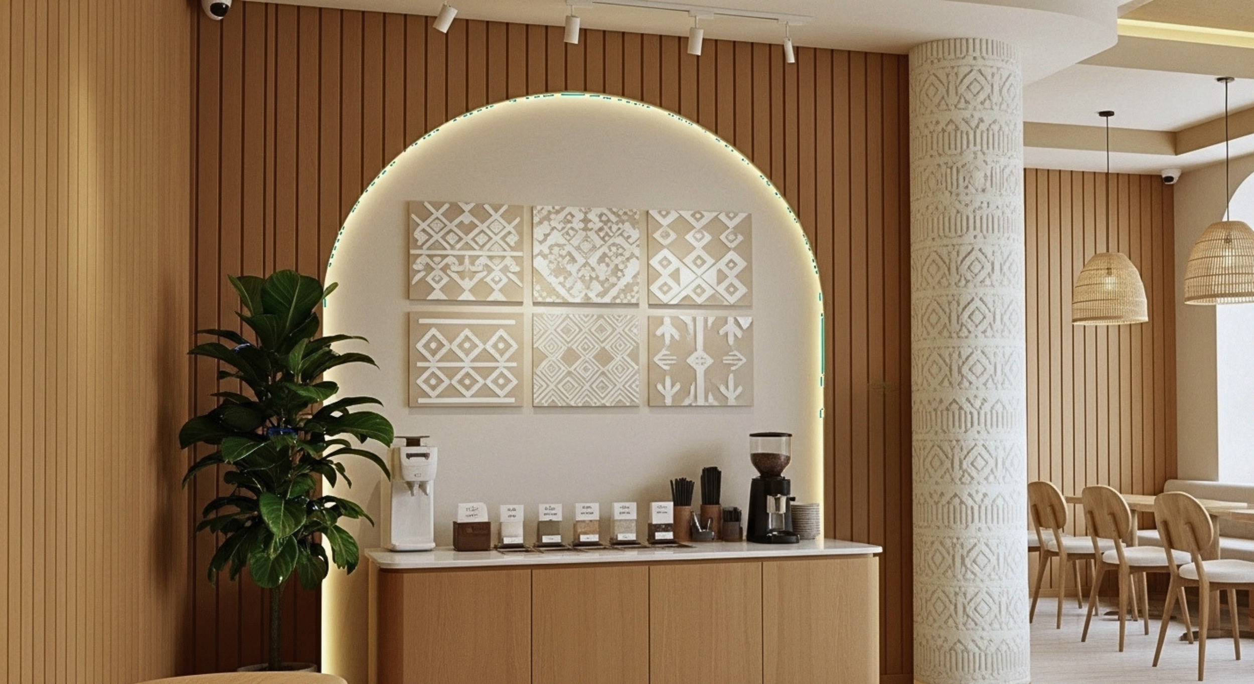 Every detail — from the custom millwork bar to the heritage-patterned niches, from the signature logo wall to the curated artwork — speaks one cohesive brand language.