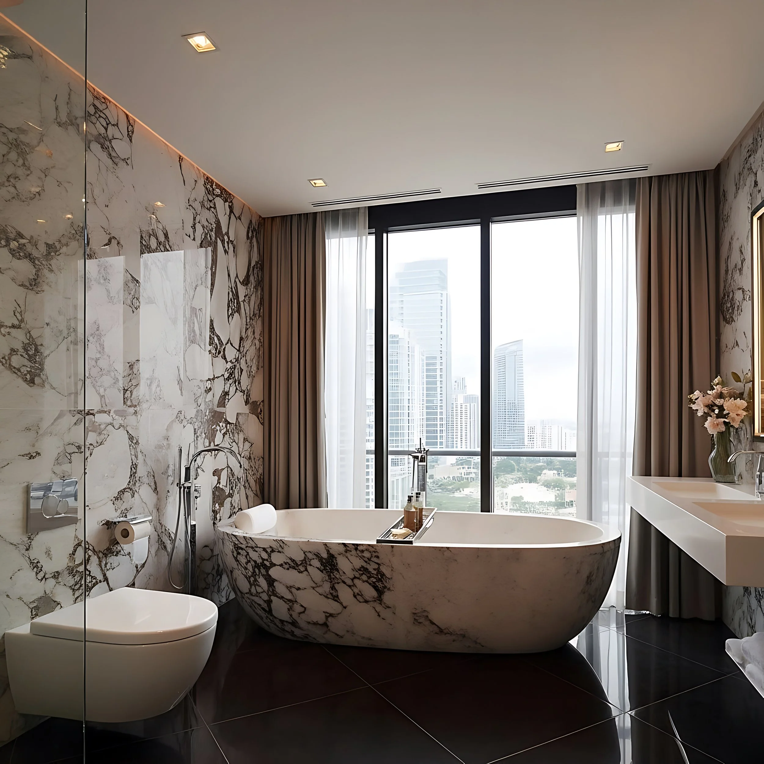 Modern luxury Airbnb interior featuring subtle Middle Eastern design elements, textured materials, and curated artwork