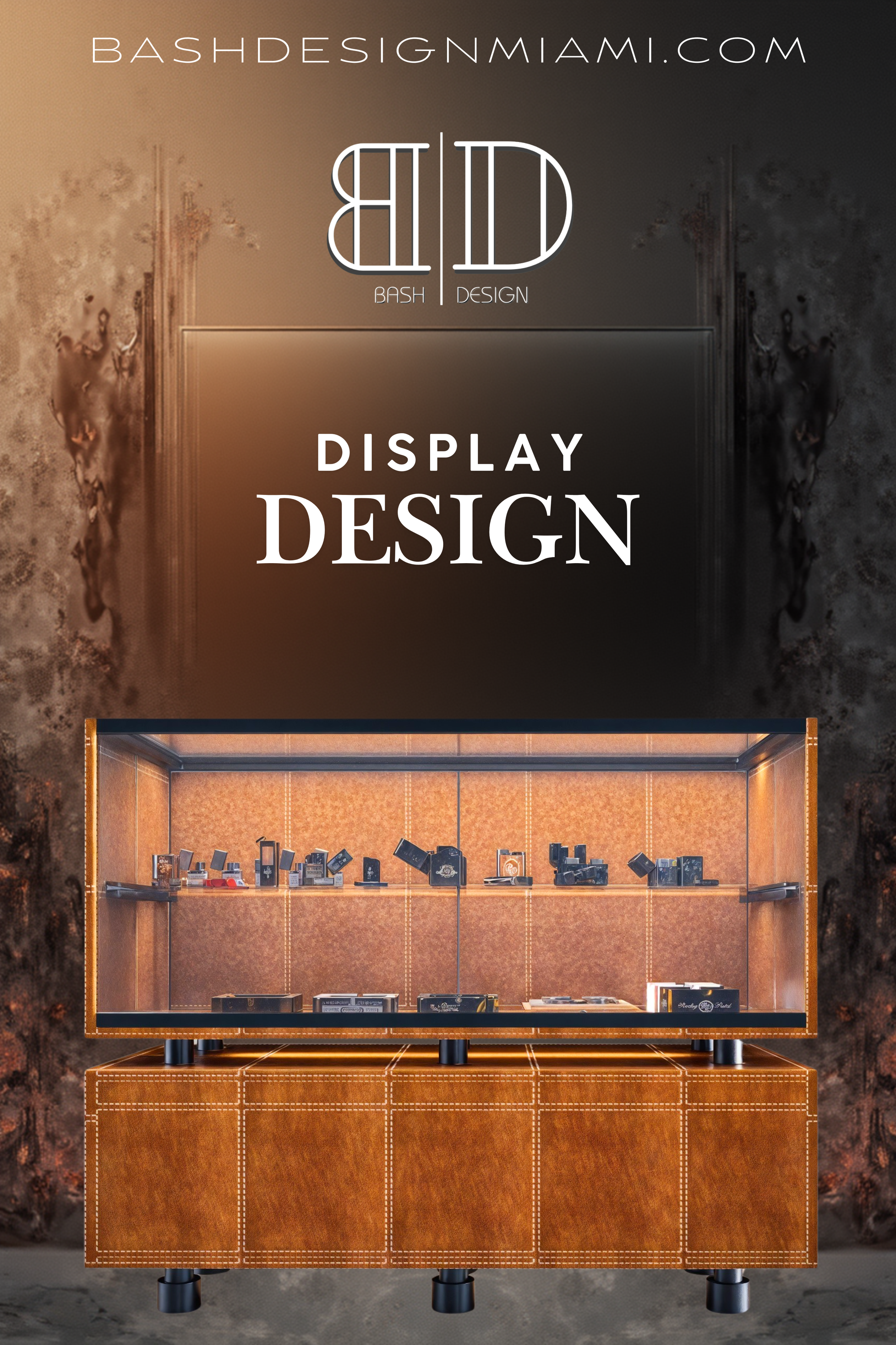 "Modern retail showcase designs by Bash Design featuring custom display cabinets, merchandising units, and innovative product presentation solutions for boutiques and commercial stores."