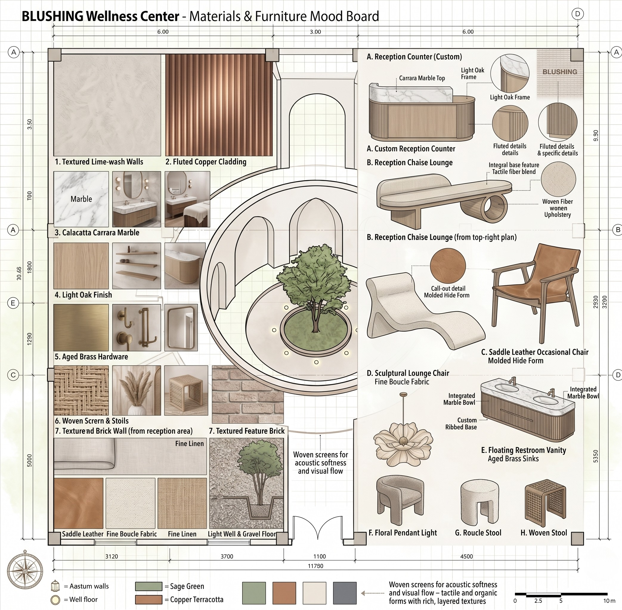 nside, soft neutral tones, organic textures, and warm ambient lighting work together to ground the senses. Curved architectural elements soften the space, while curated material choices — natural stone, warm wood, layered textiles — create an atmosph