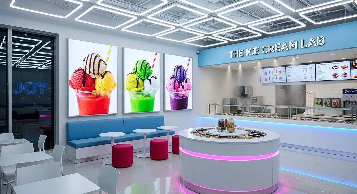 A complete brand-and-space build for a modern dessert concept — logo, identity, interior, exterior, and packaging. Designed to feel like a science lab meets candy store, where every visual touchpoint reinforces the experience.
