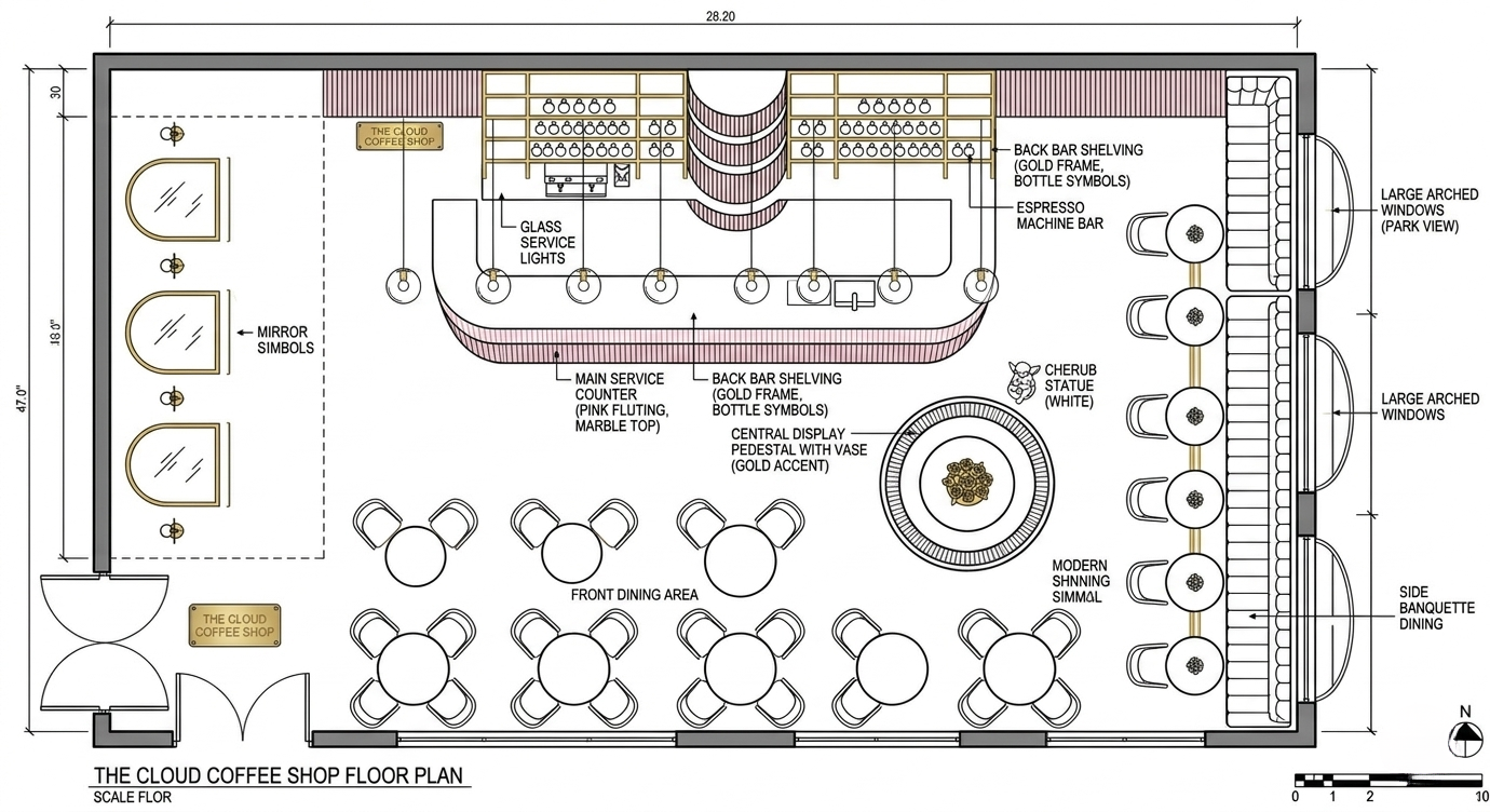 Floor plan of a coffee shop featuring a front dining area with round tables, large arched windows on the right side, a central display pedestal with a vase, bar seating with glass shelves for bottles and cups, espresso machine, and decorative statues