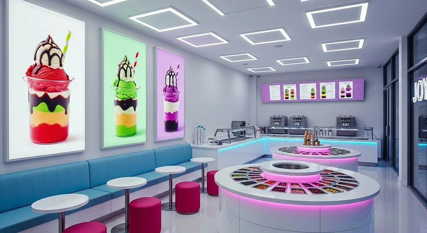 A complete brand-and-space build for a modern dessert concept — logo, identity, interior, exterior, and packaging. Designed to feel like a science lab meets candy store, where every visual touchpoint reinforces the experience.
