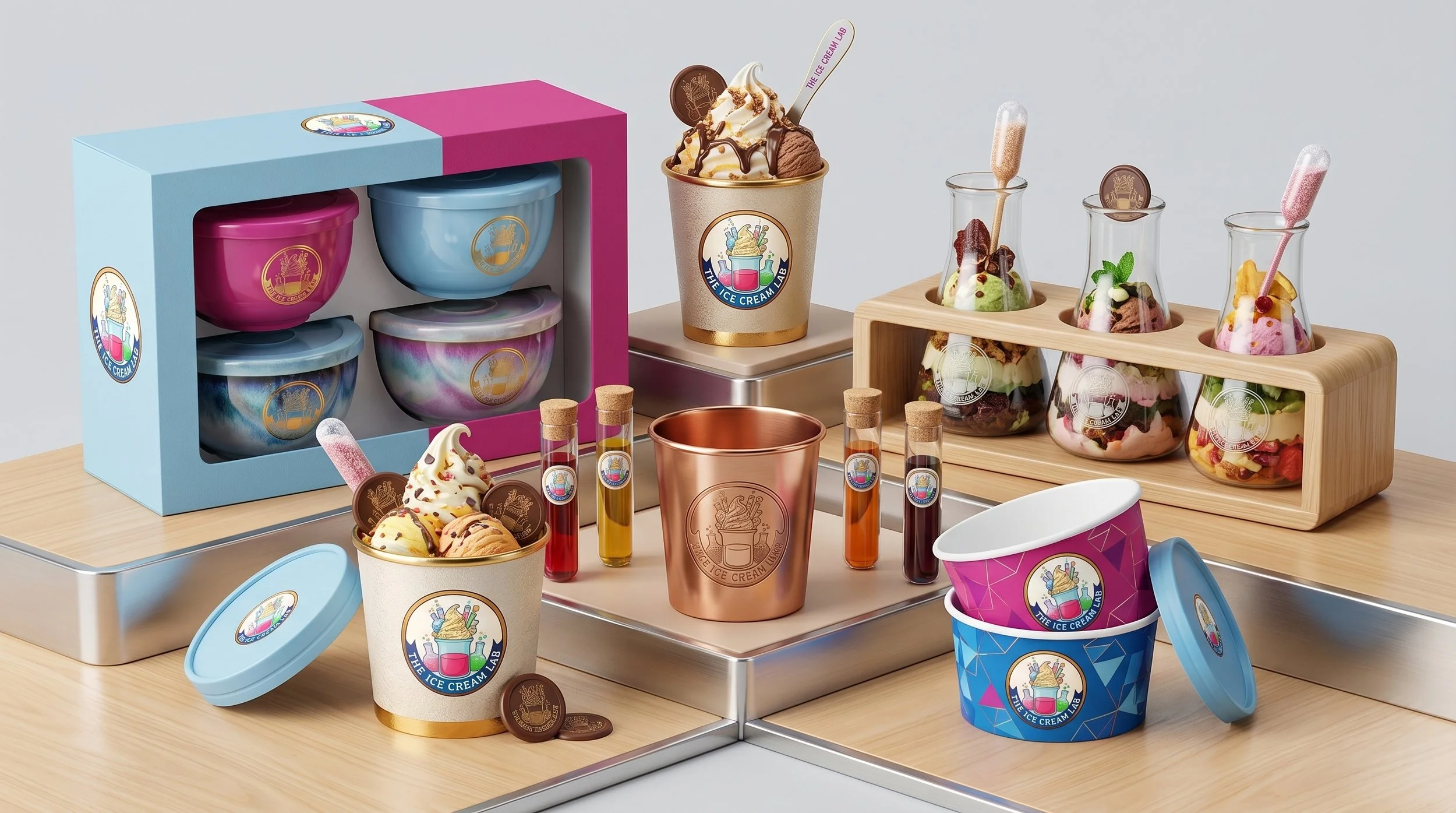 A complete brand-and-space build for a modern dessert concept — logo, identity, interior, exterior, and packaging. Designed to feel like a science lab meets candy store, where every visual touchpoint reinforces the experience.
