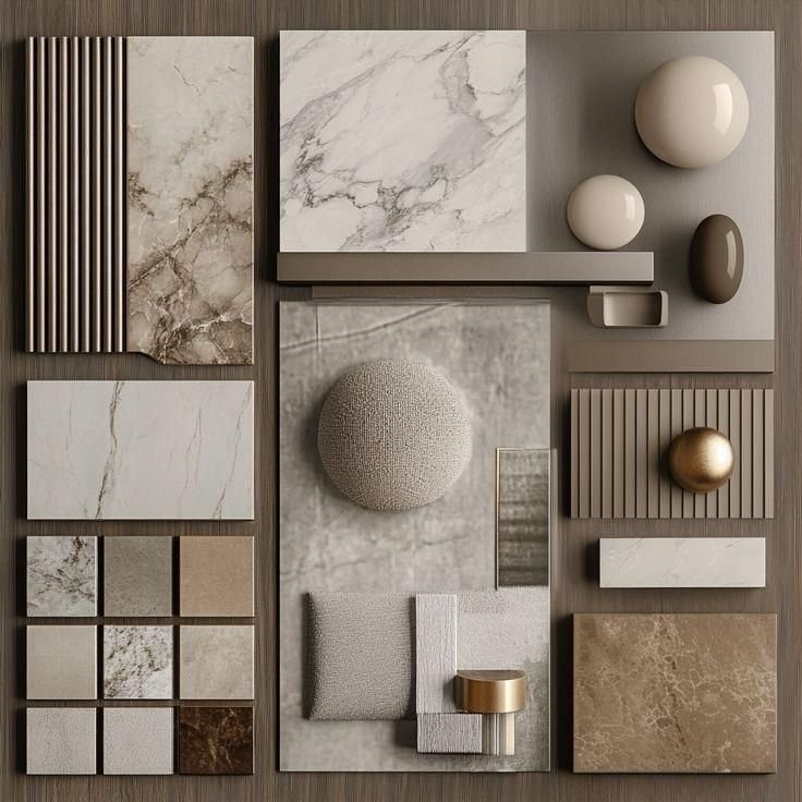 A showcase of various marble, ceramic, and textured tiles and decorative objects, arranged on a wooden display board for interior design or architecture inspiration.