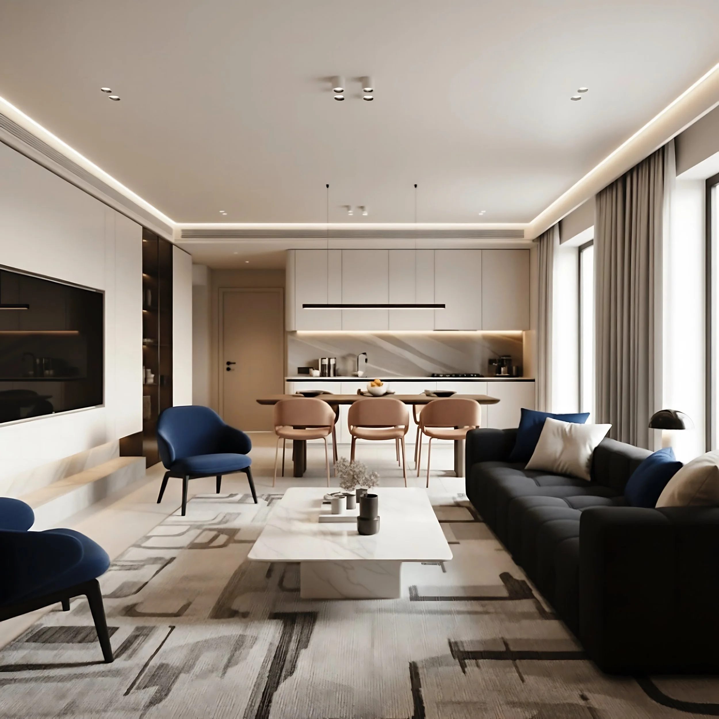 Luxury Airbnb living room interior design with durable materials, modern furniture, and warm lighting for premium guest experience