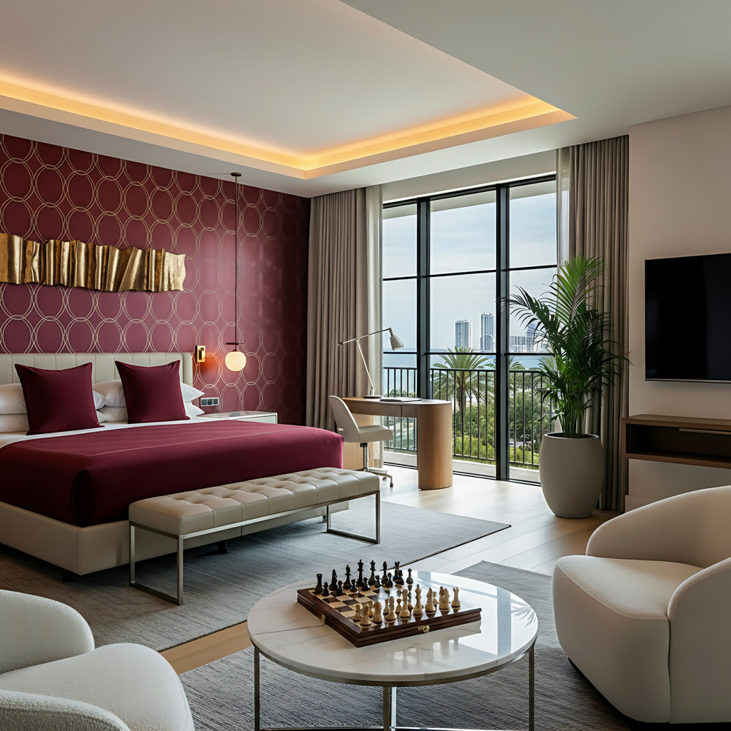 Luxury Airbnb bedroom design featuring hotel-quality bedding, layered lighting, and calming neutral tones for better guest sleep