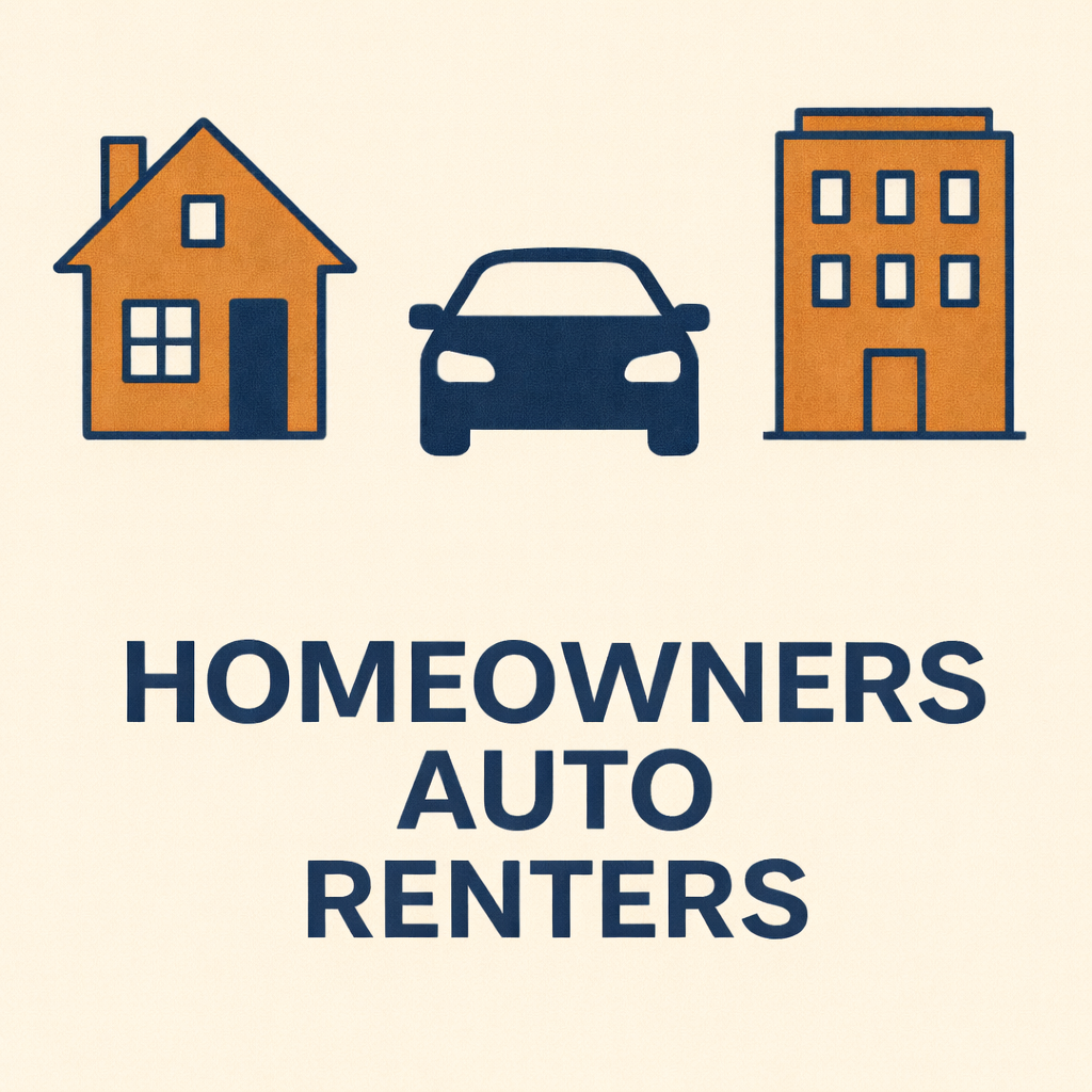 Graphic with a house, car, and apartment building icons above the text "Homeowners Auto Renters".