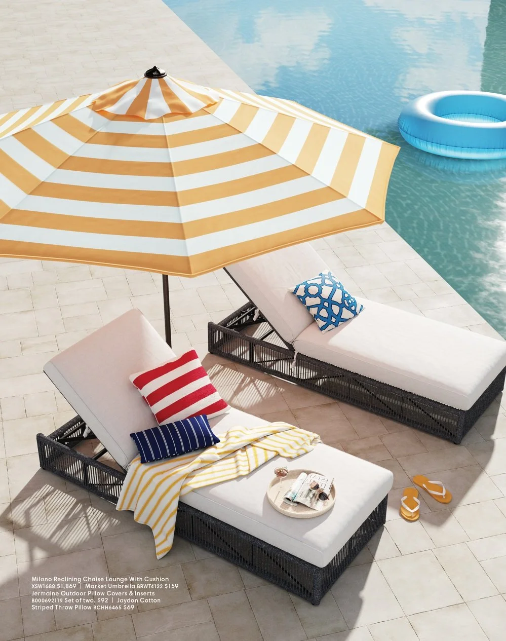 Poolside lounge chairs with colorful pillows, a yellow and white striped umbrella, and an inflatable pool float in a swimming pool.
