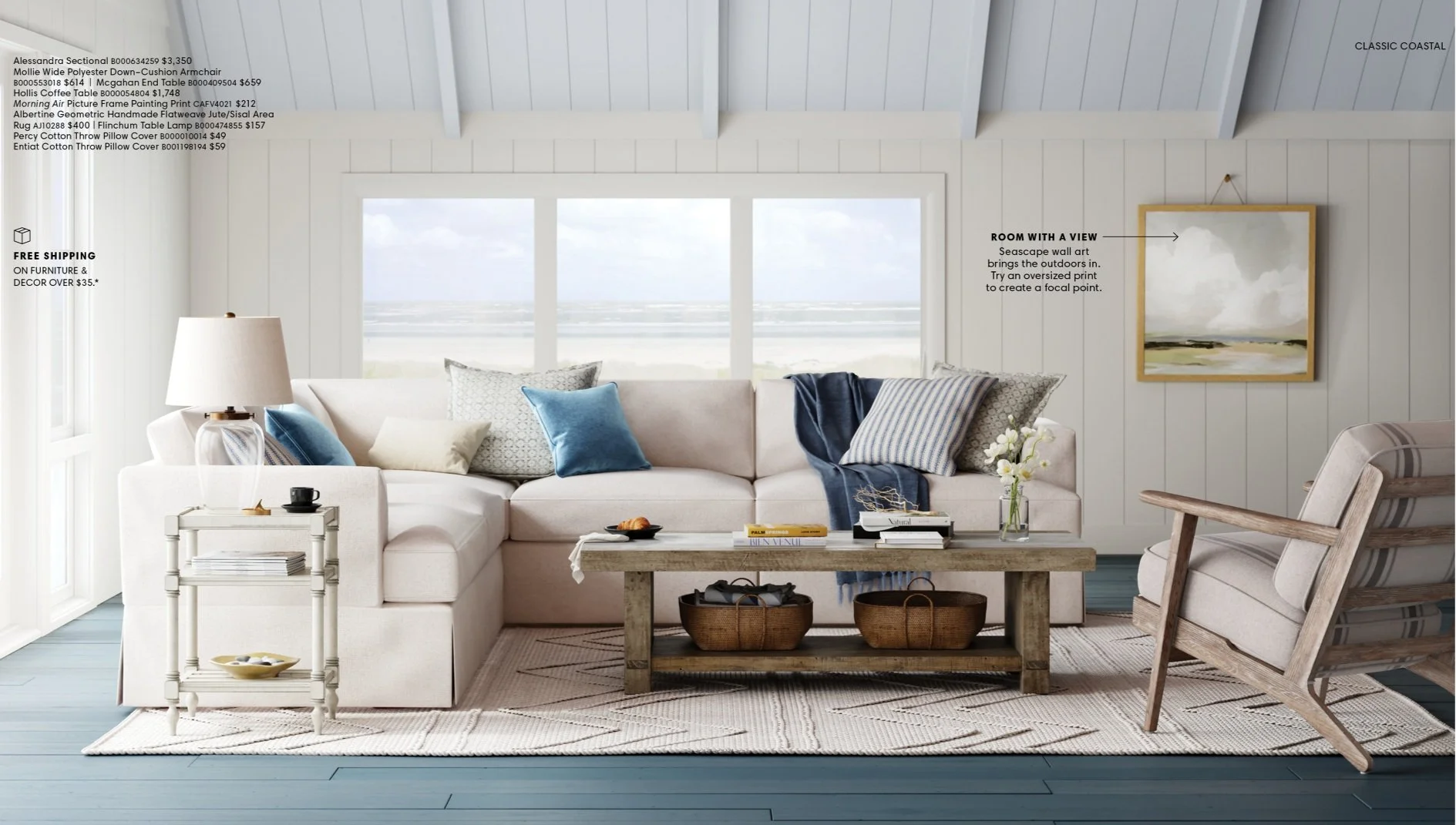Coastal living room with white sofa, wooden coffee table, accent pillows, armchair, and large window showing beach view.